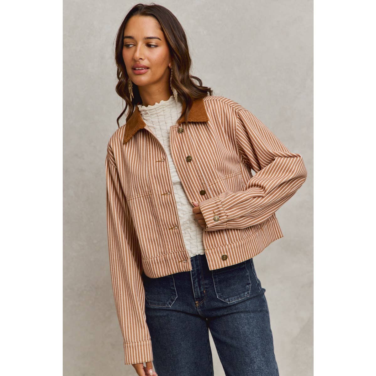 Stripe Twill Button Down Corduroy Collar Jacket