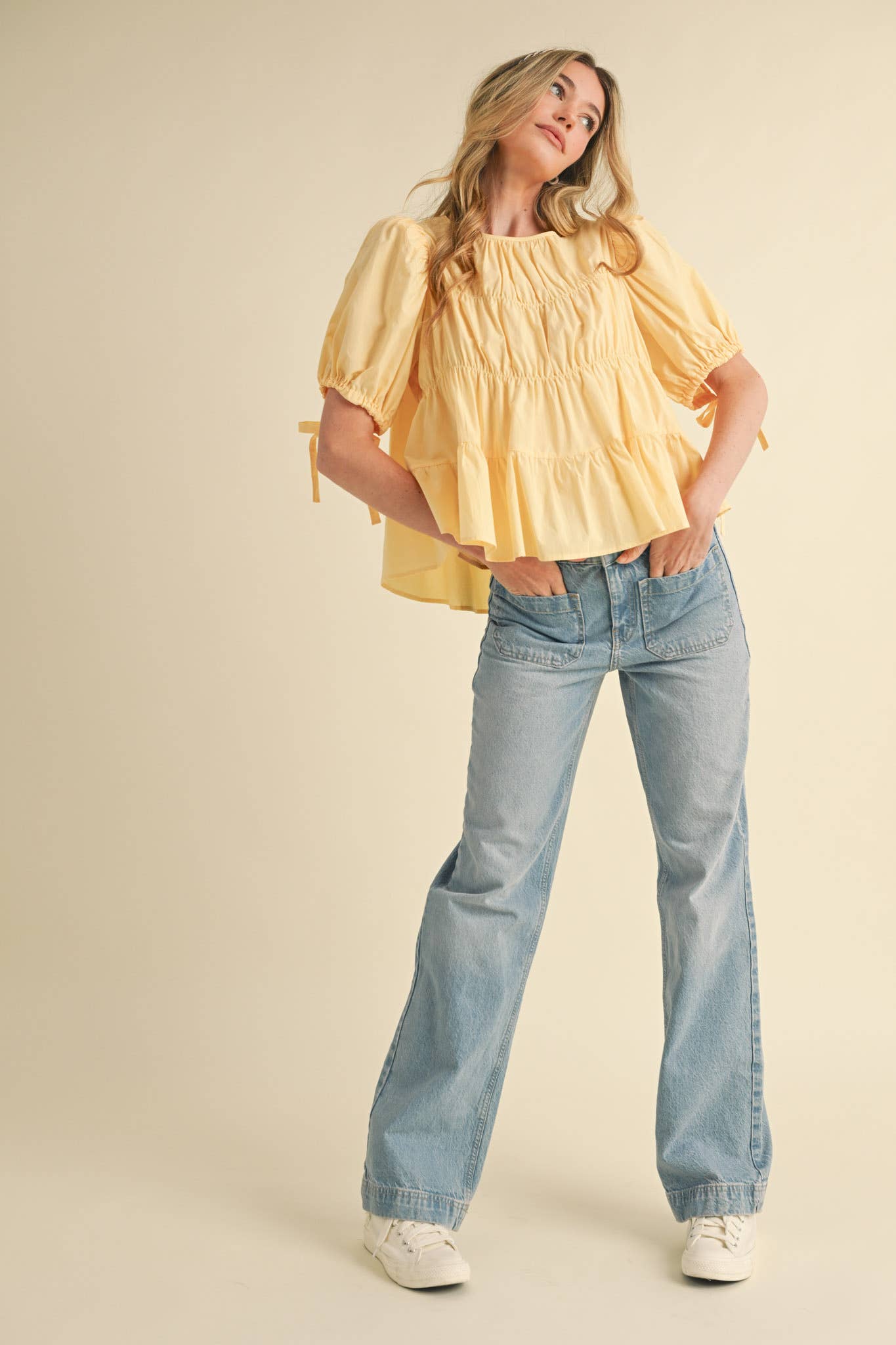 Tiered Shirring Puff Sleeve Top