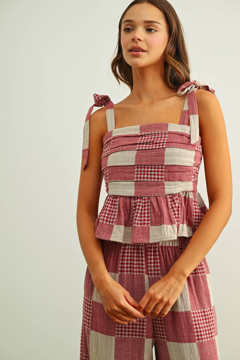 Red Gingham and Stripe Patch Effect Top