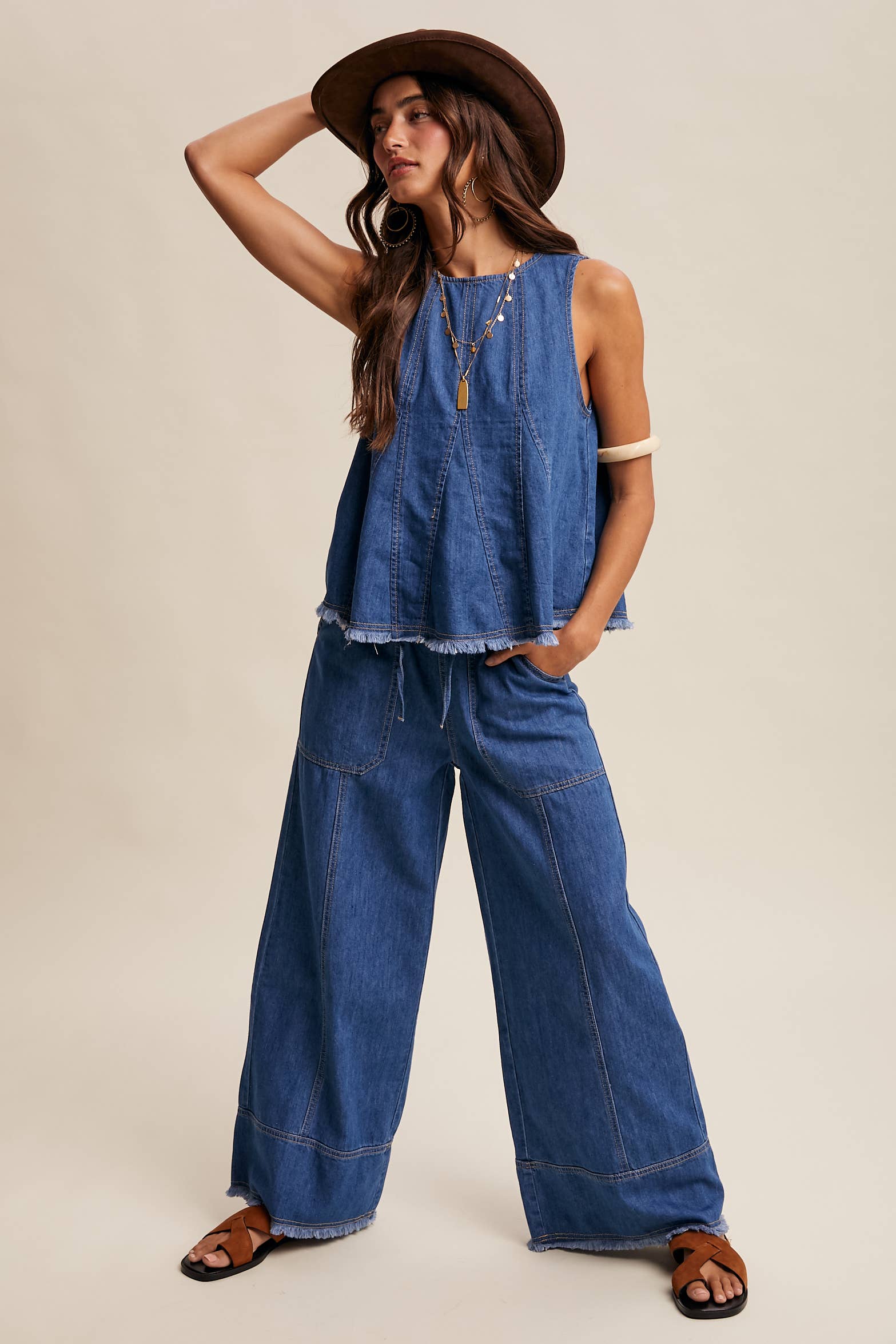 Washed Denim Wide-Leg Pants