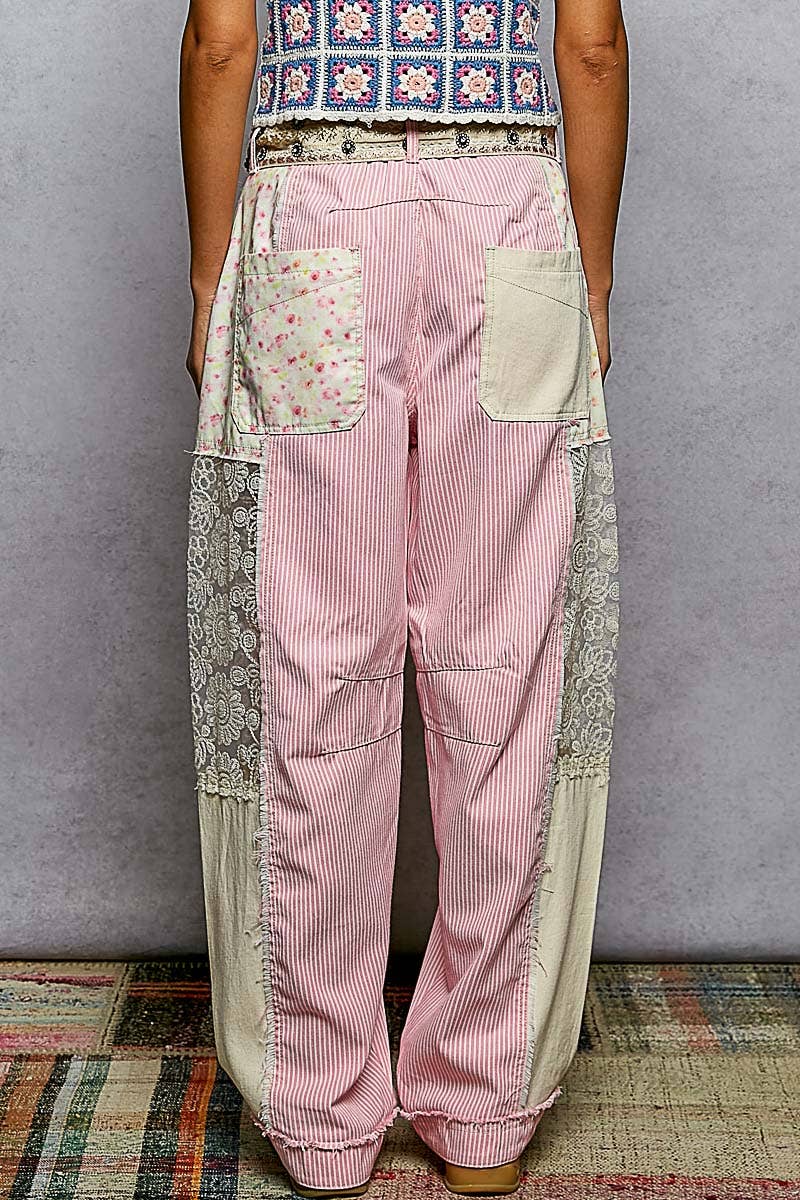 Pink Stripe Lace Trim Barrel Fit Denim Pants