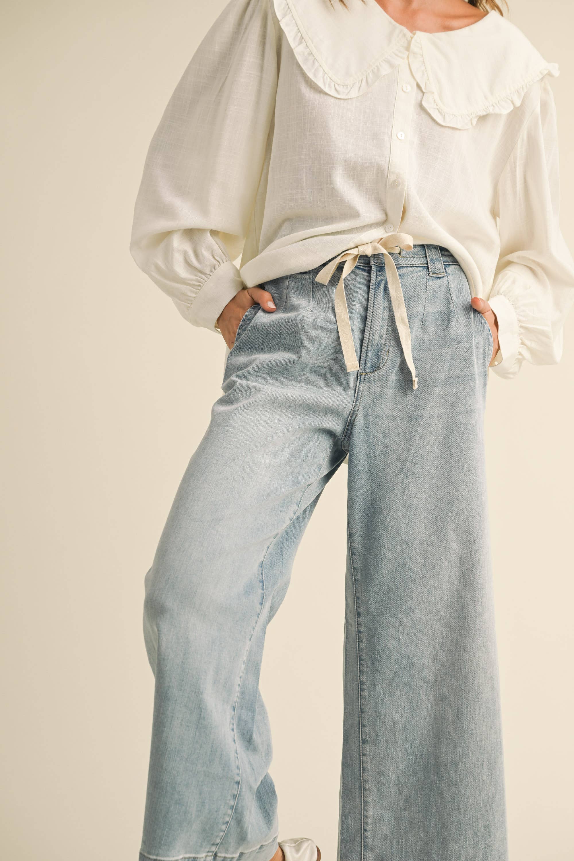 Washed Wide Leg Denim with Tie Front