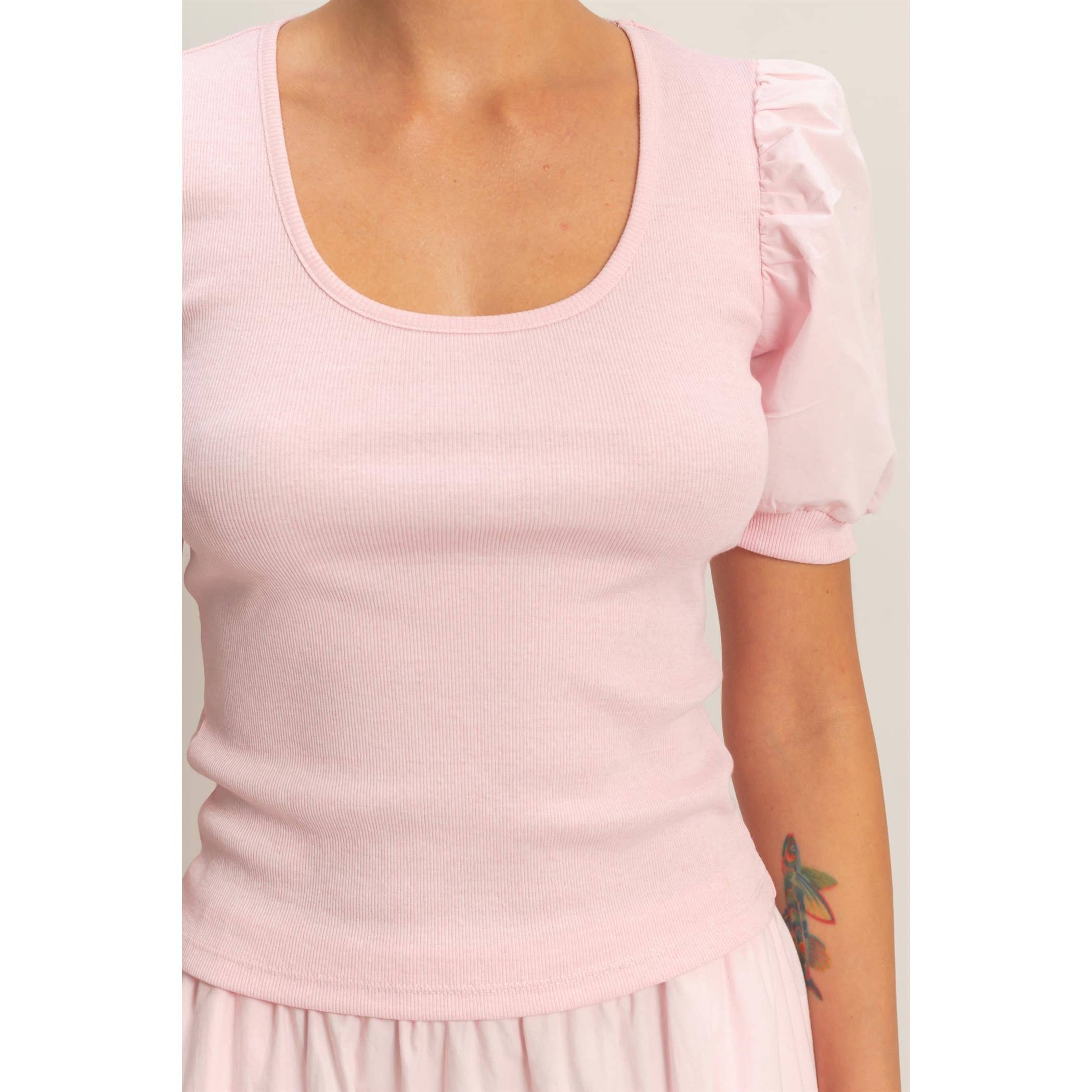 Ribbed Puff Sleeve Scoop Neck Top