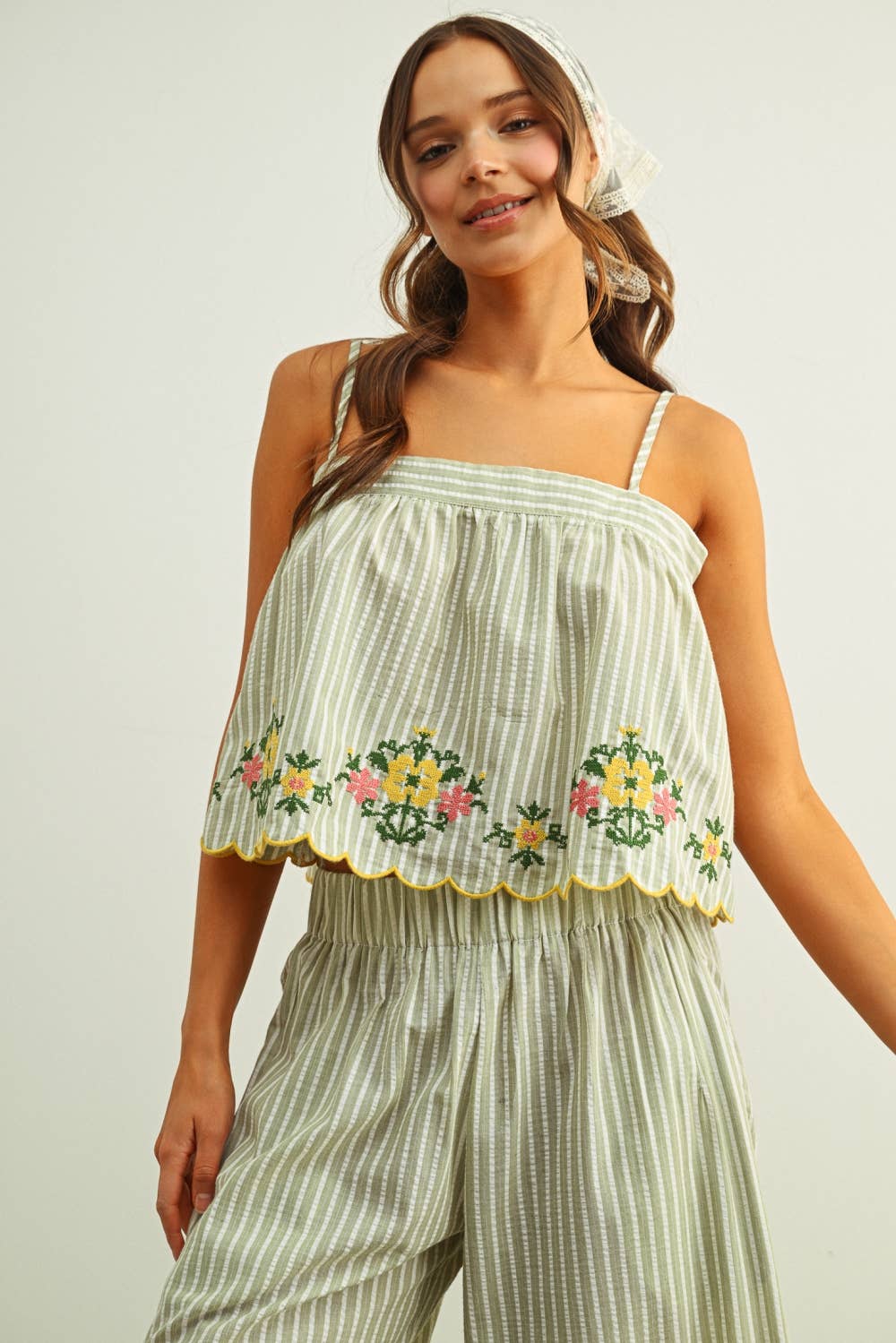 Green Stripe and Floral Embroidery Top