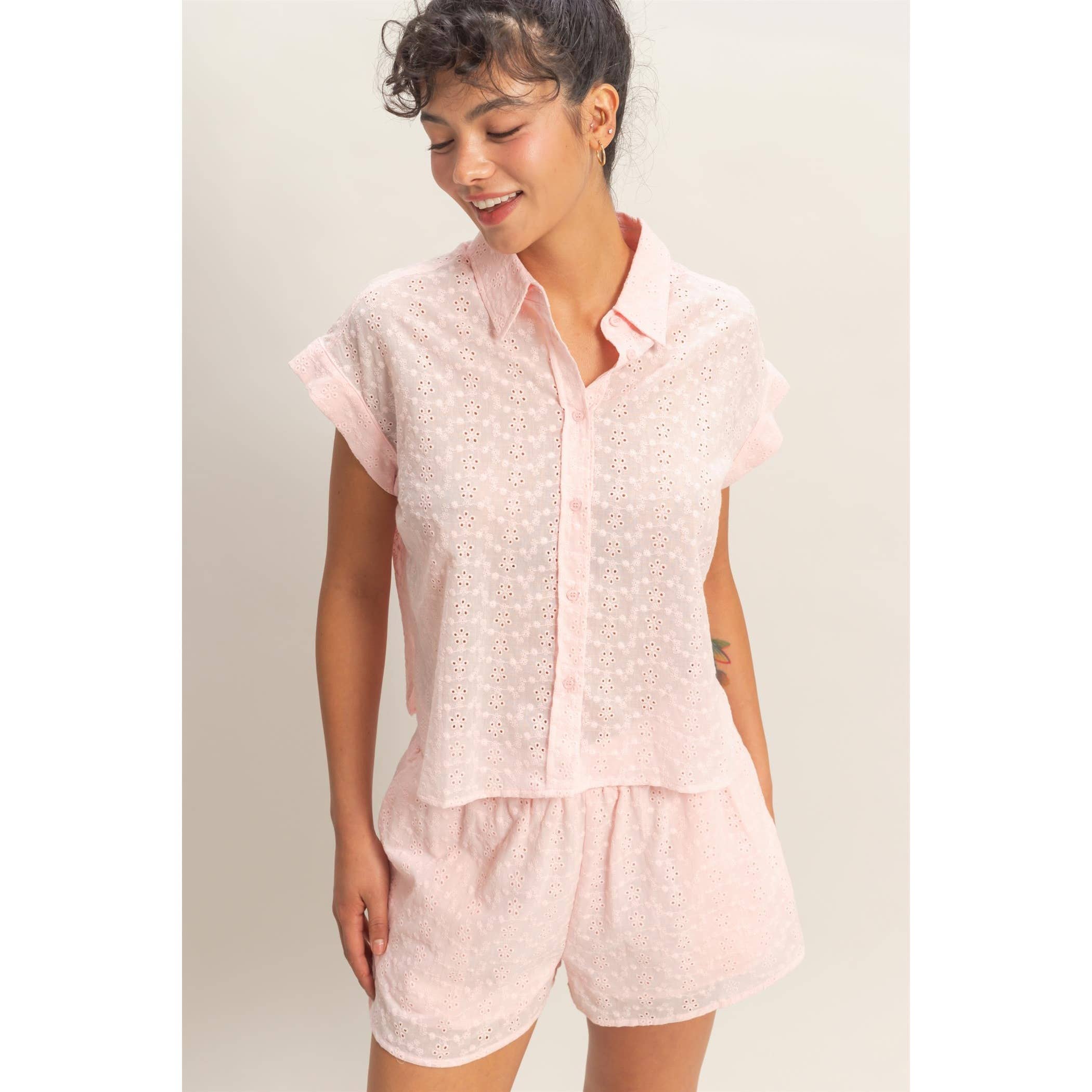 Eyelet Dolman Short Sleeve Button Up Shirt