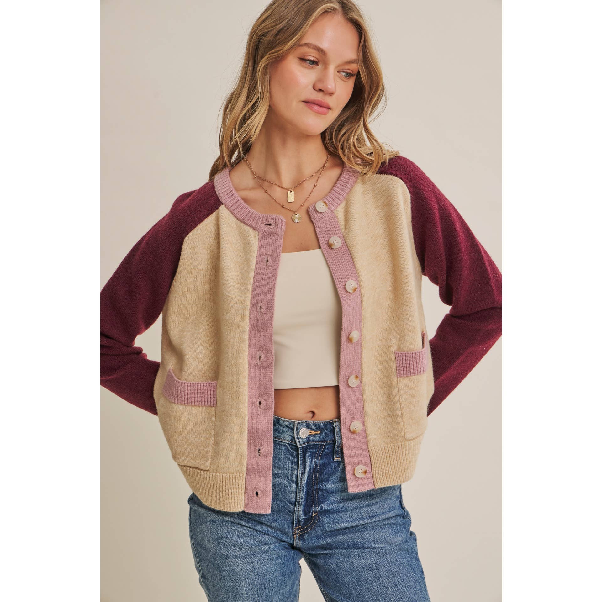Colorblock Wool Blend Crewneck Cardigan