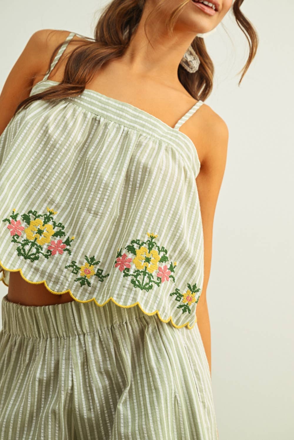 Green Stripe and Floral Embroidery Top