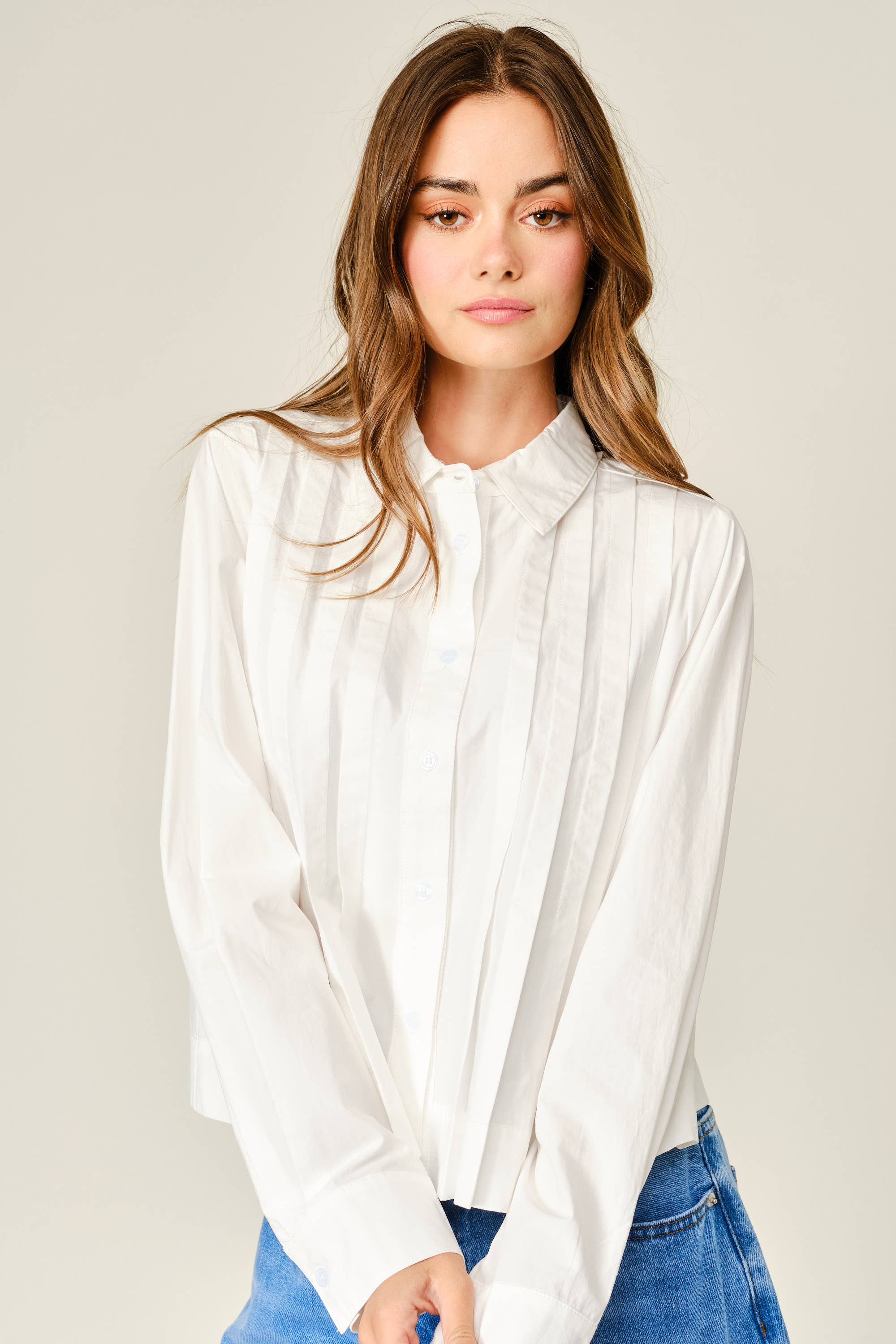 Pleated Cotton Button Down Shirt