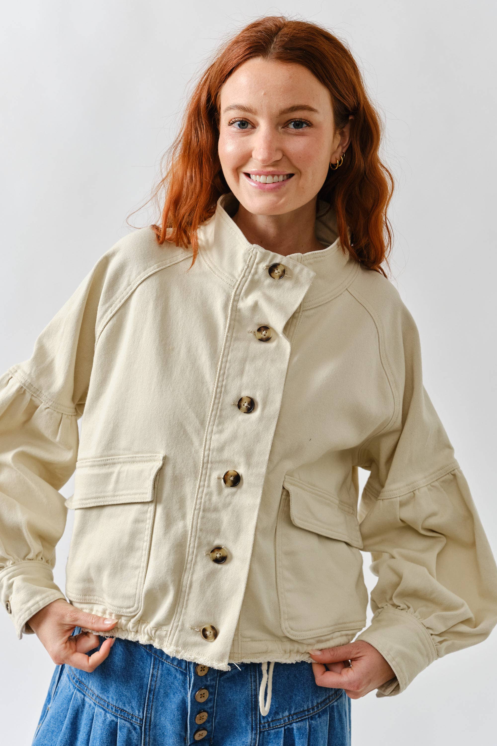 Ballon Sleeve Twill Jacket Drawstring Waist
