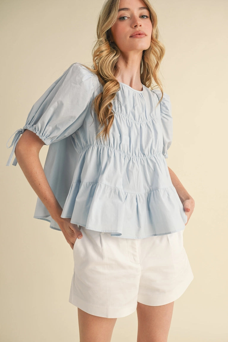 Tiered Shirring Puff Sleeve Top