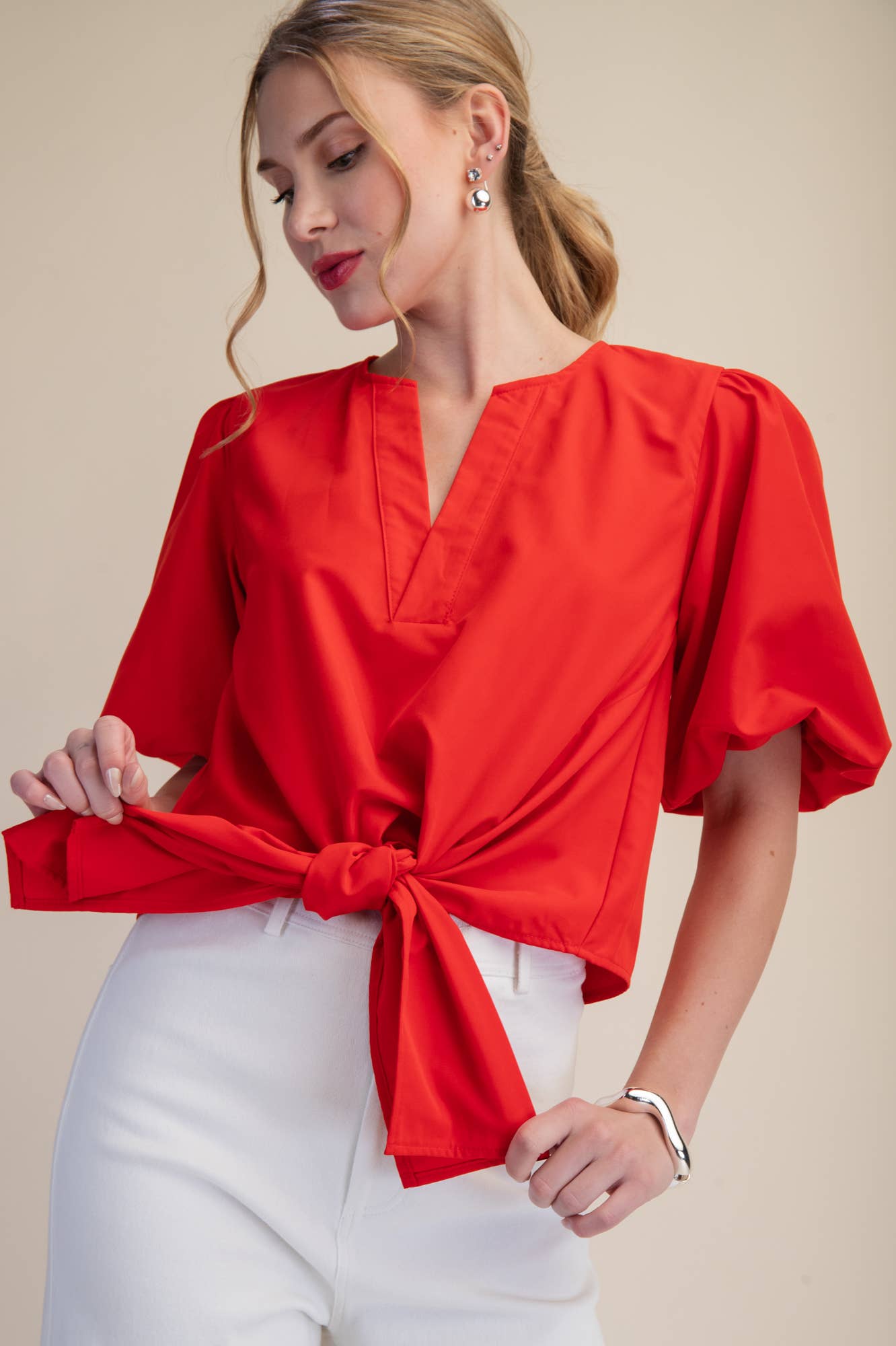 Tie-Front Blouse Puff Sleeve