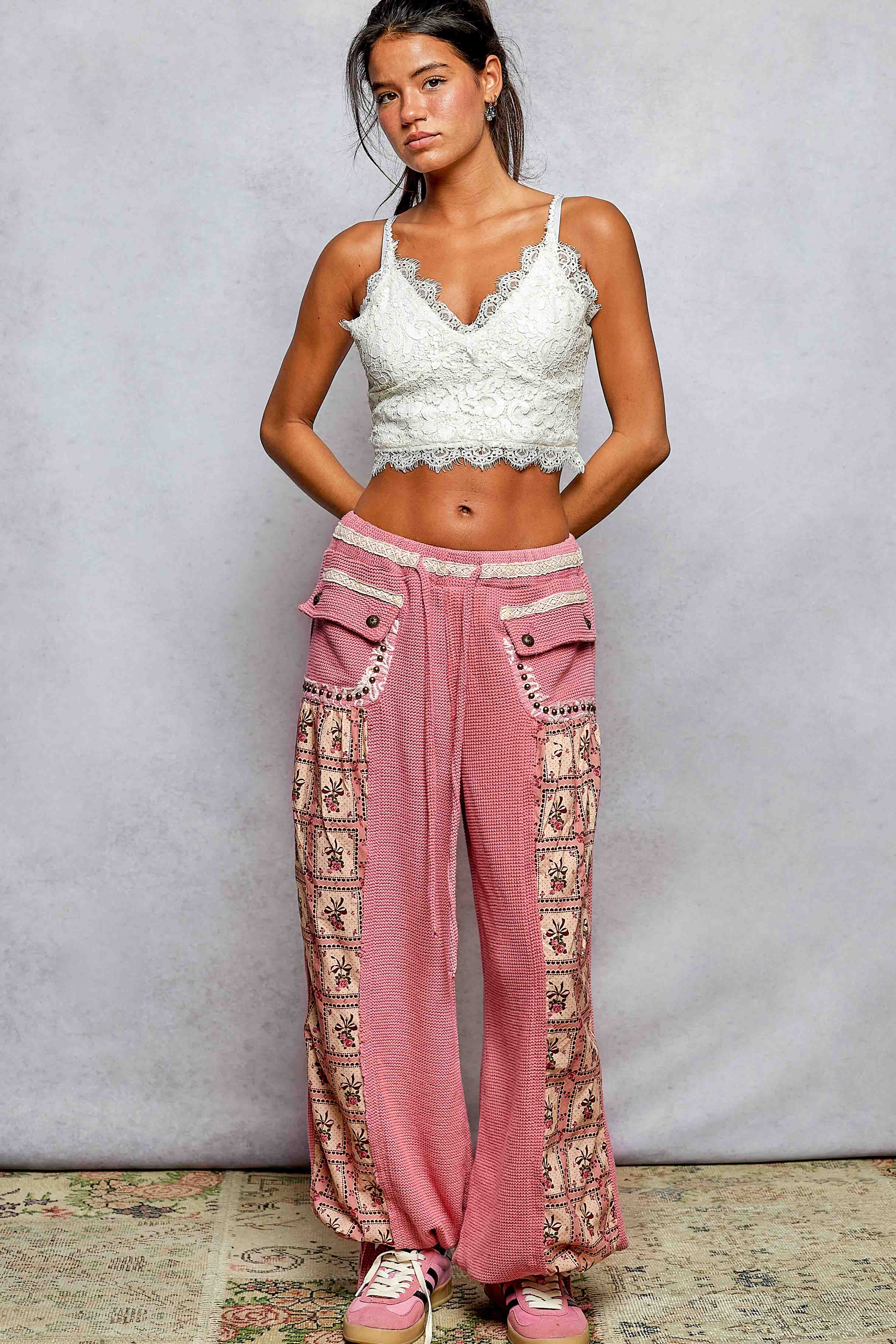 Pink Patchwork Drawstring Jogger Pant