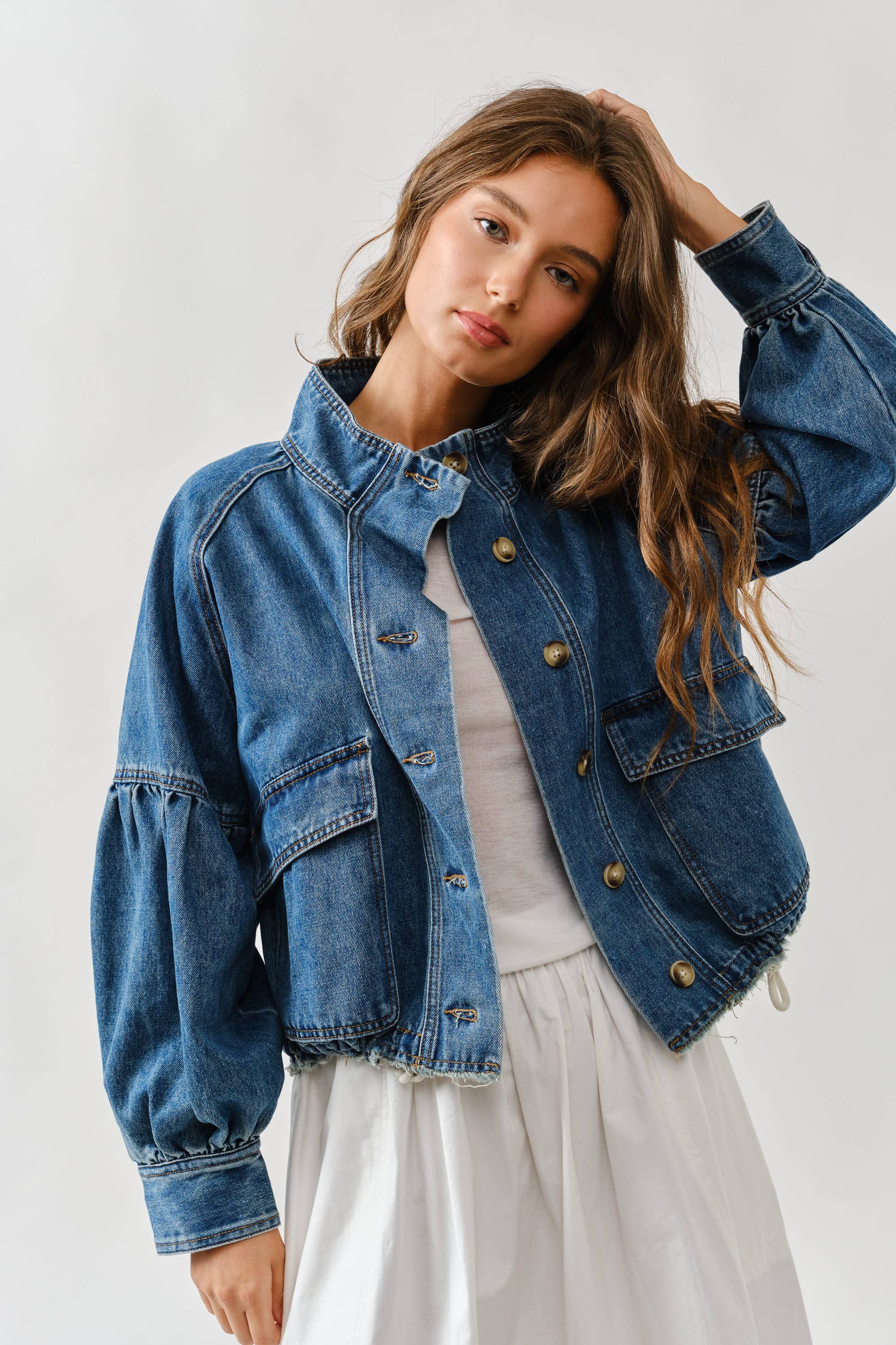 Ballon Sleeve Twill Jacket Drawstring Waist
