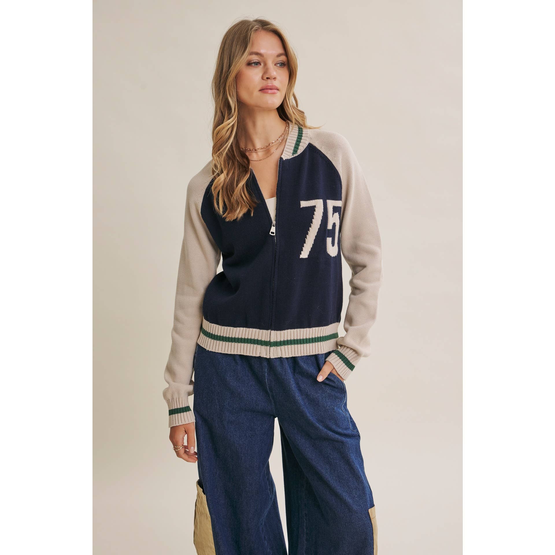 Varsity Collegiate Zip Front Cotton Sweater Bomber Jacket