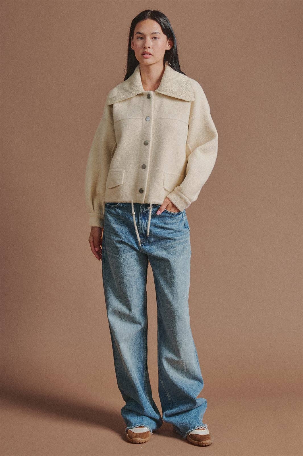 Sweater Knit Jacket with Detachable Collar
