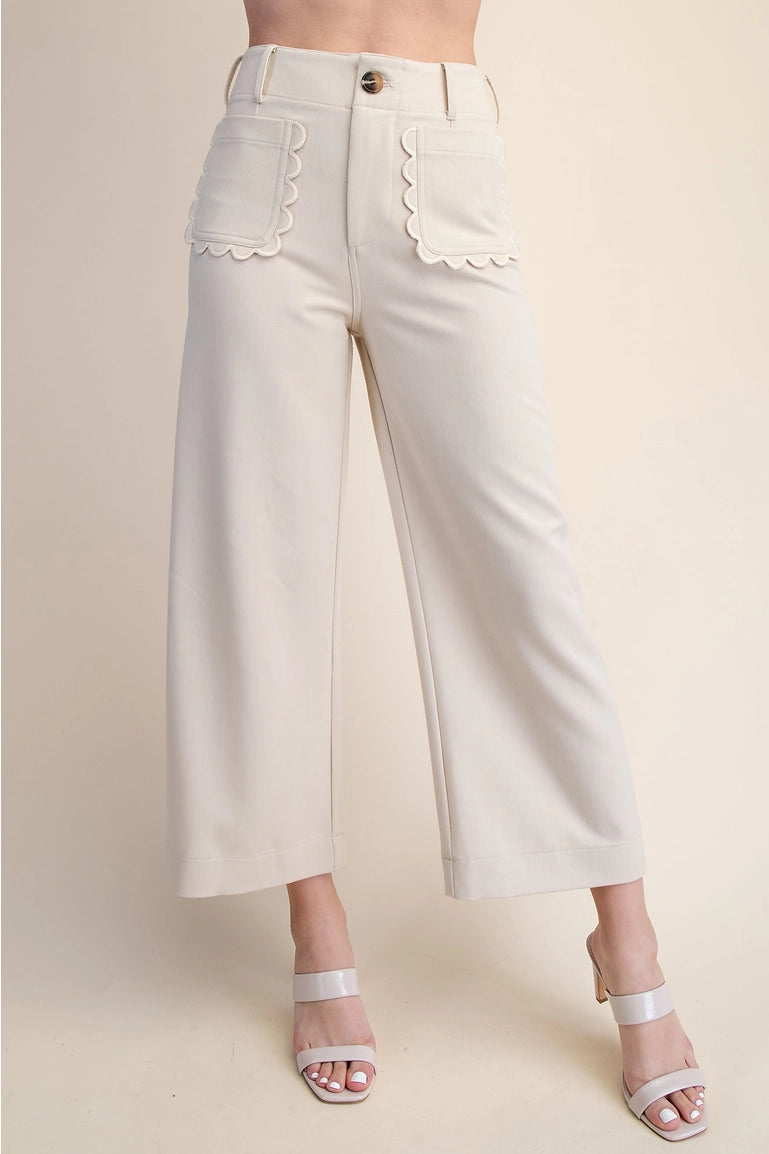 Colette Wide-Leg Scallop Pocket Pants - Cream