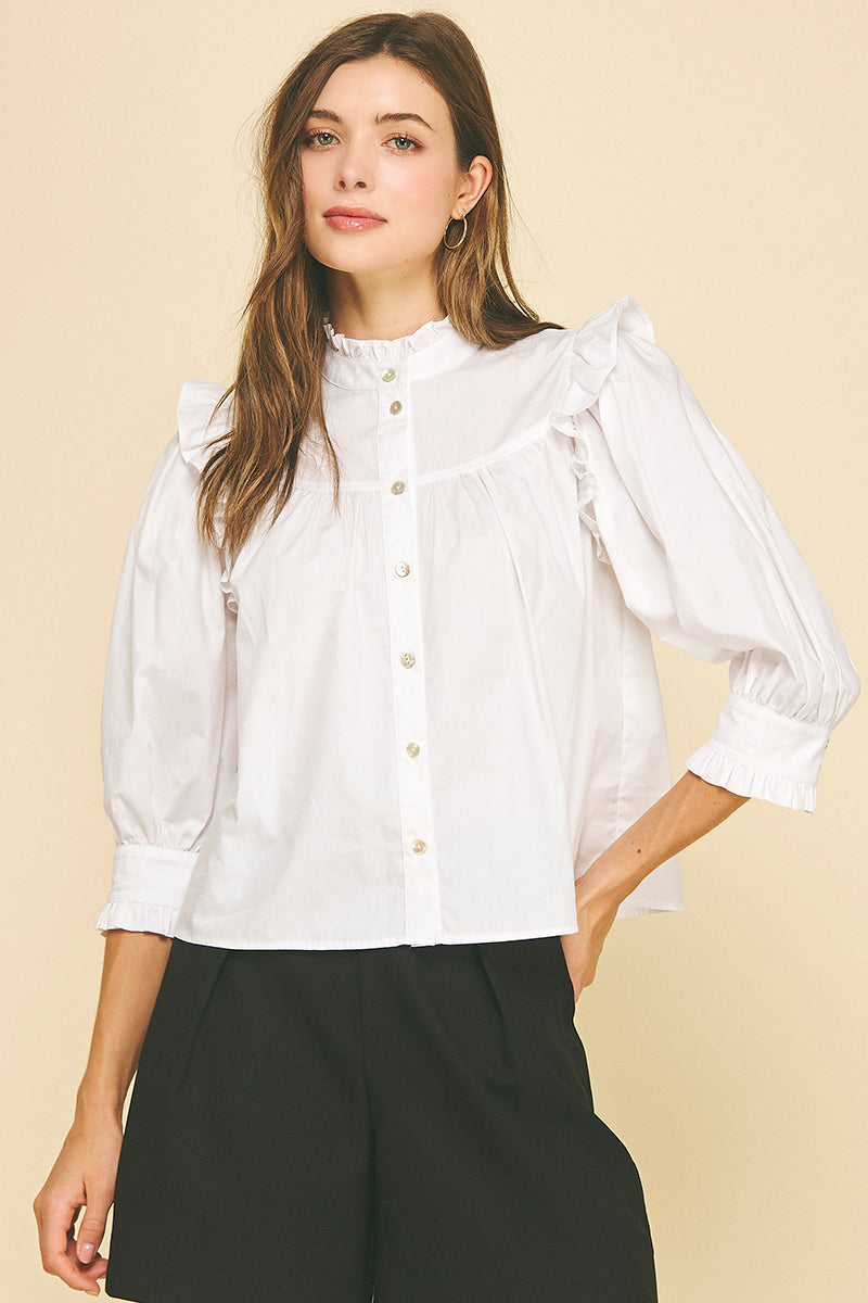 Ruffle Mock Neck Button Down