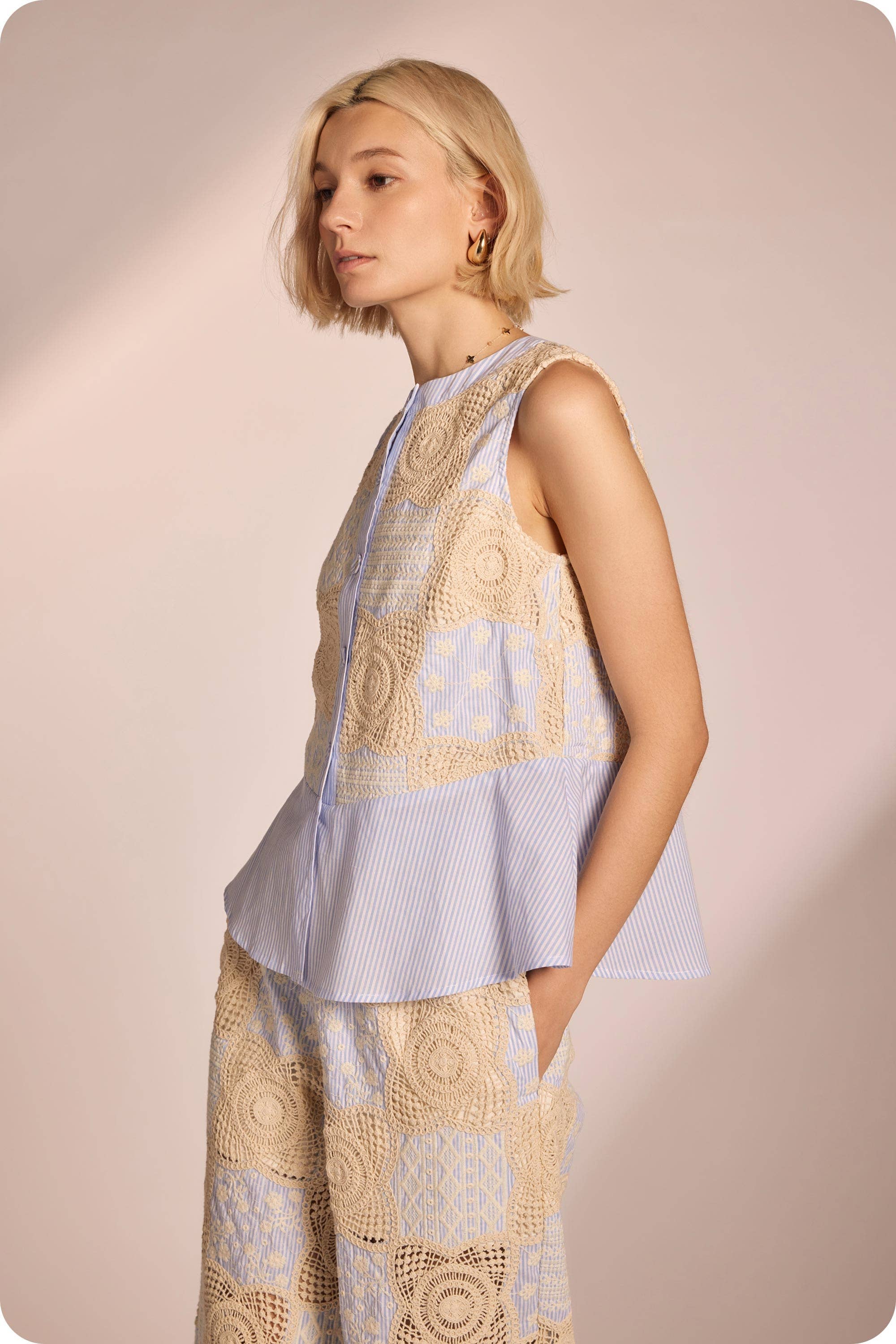 Floral Crochet Stripe Patchwork Button Down Top