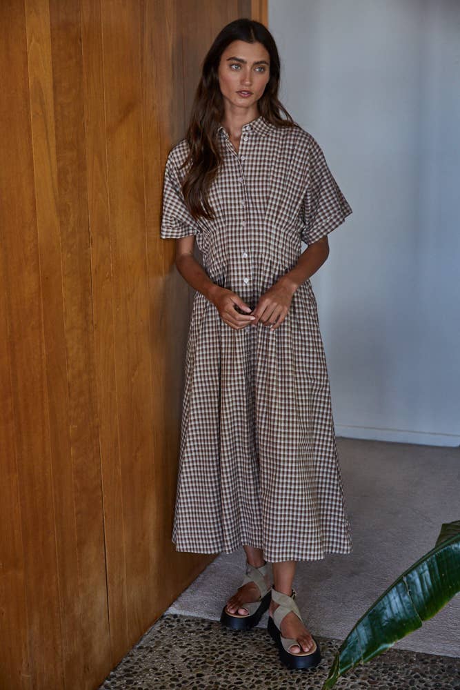 Brown Gingham Button Down Maxi