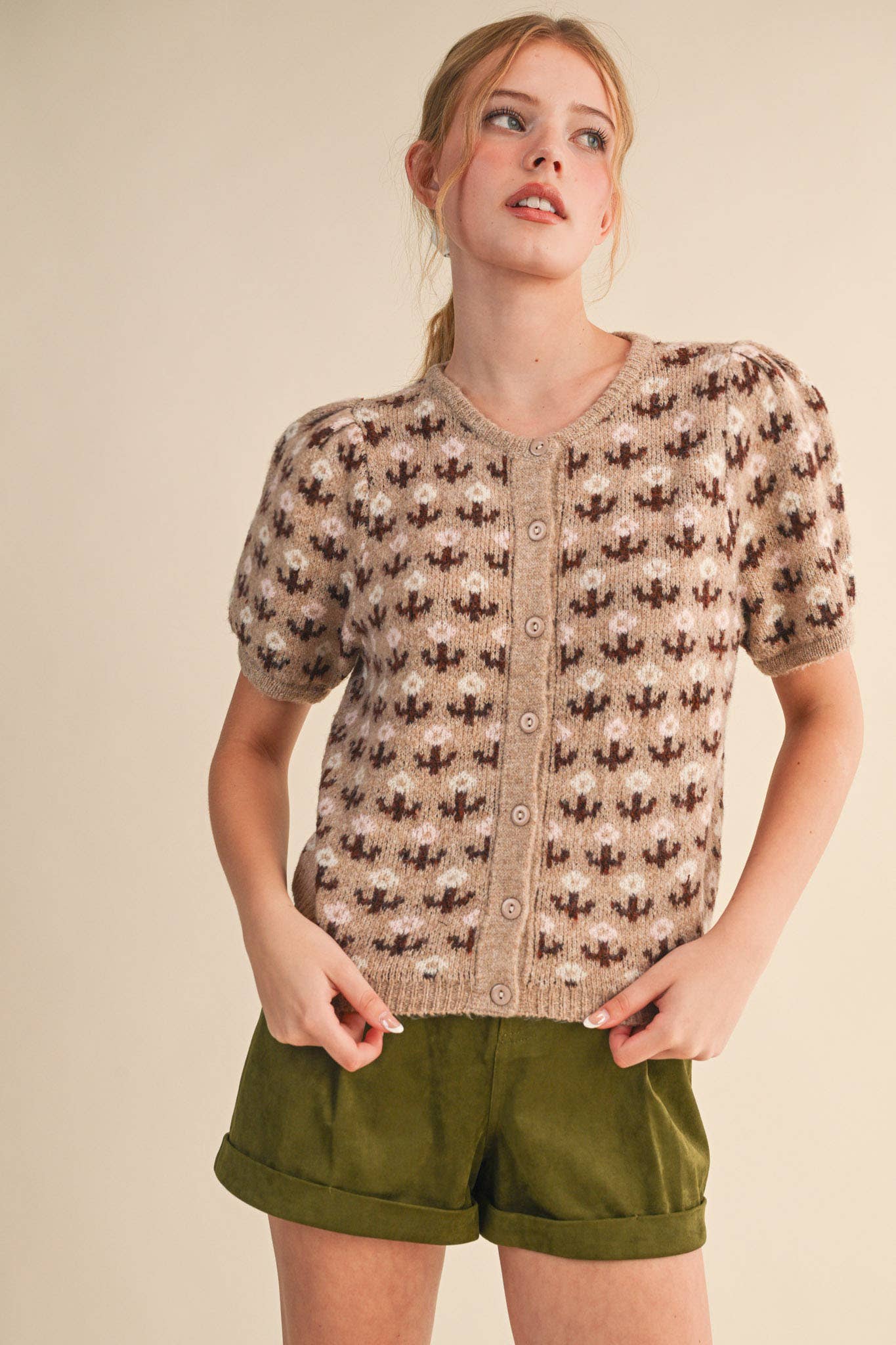 Floral Short Sleeve Sweater Cardigan