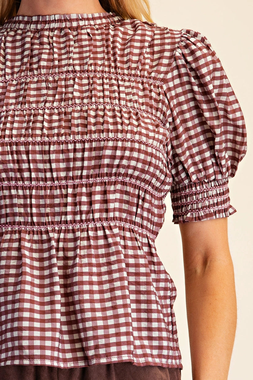 Plaid Smocked Short Sleeve Shirt