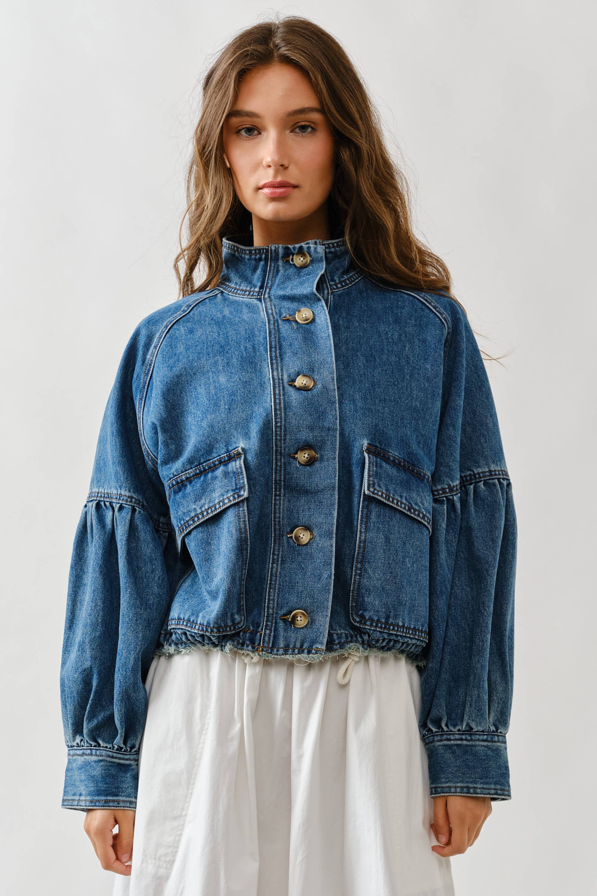 Ballon Sleeve Twill Jacket Drawstring Waist