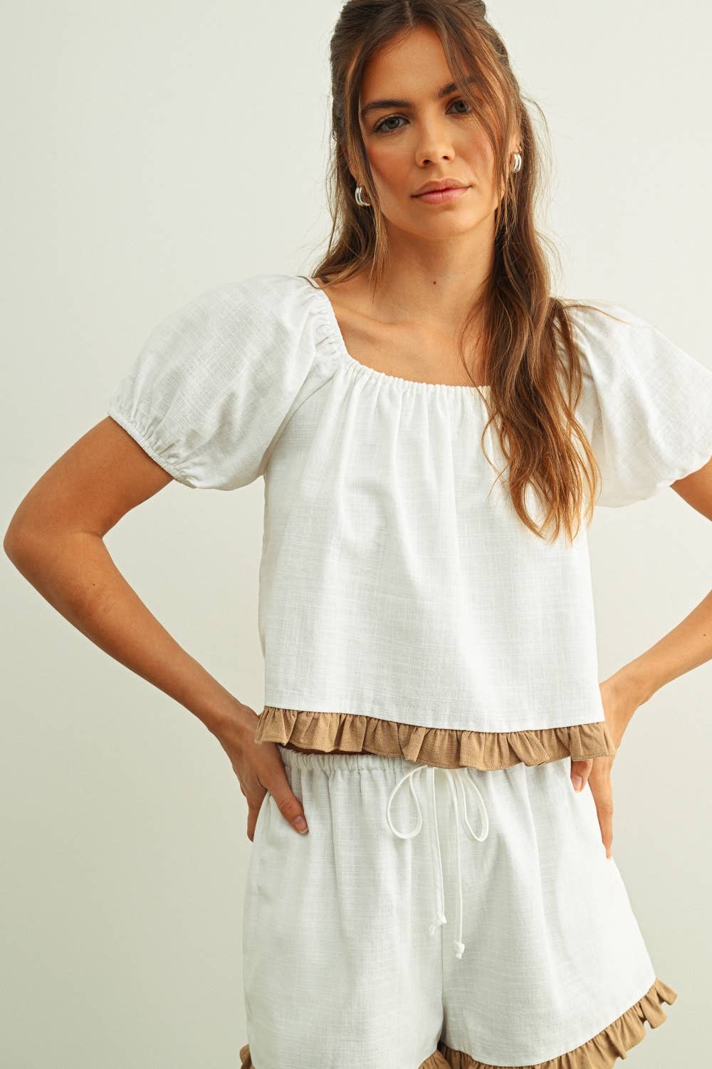 Square Neck Ruffled Hem Short Sleeve Linen Top
