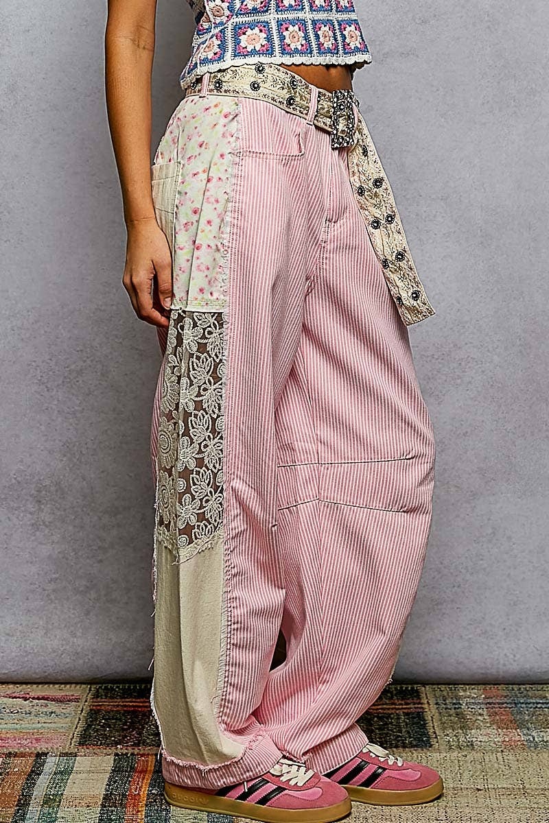Pink Stripe Lace Trim Barrel Fit Denim Pants