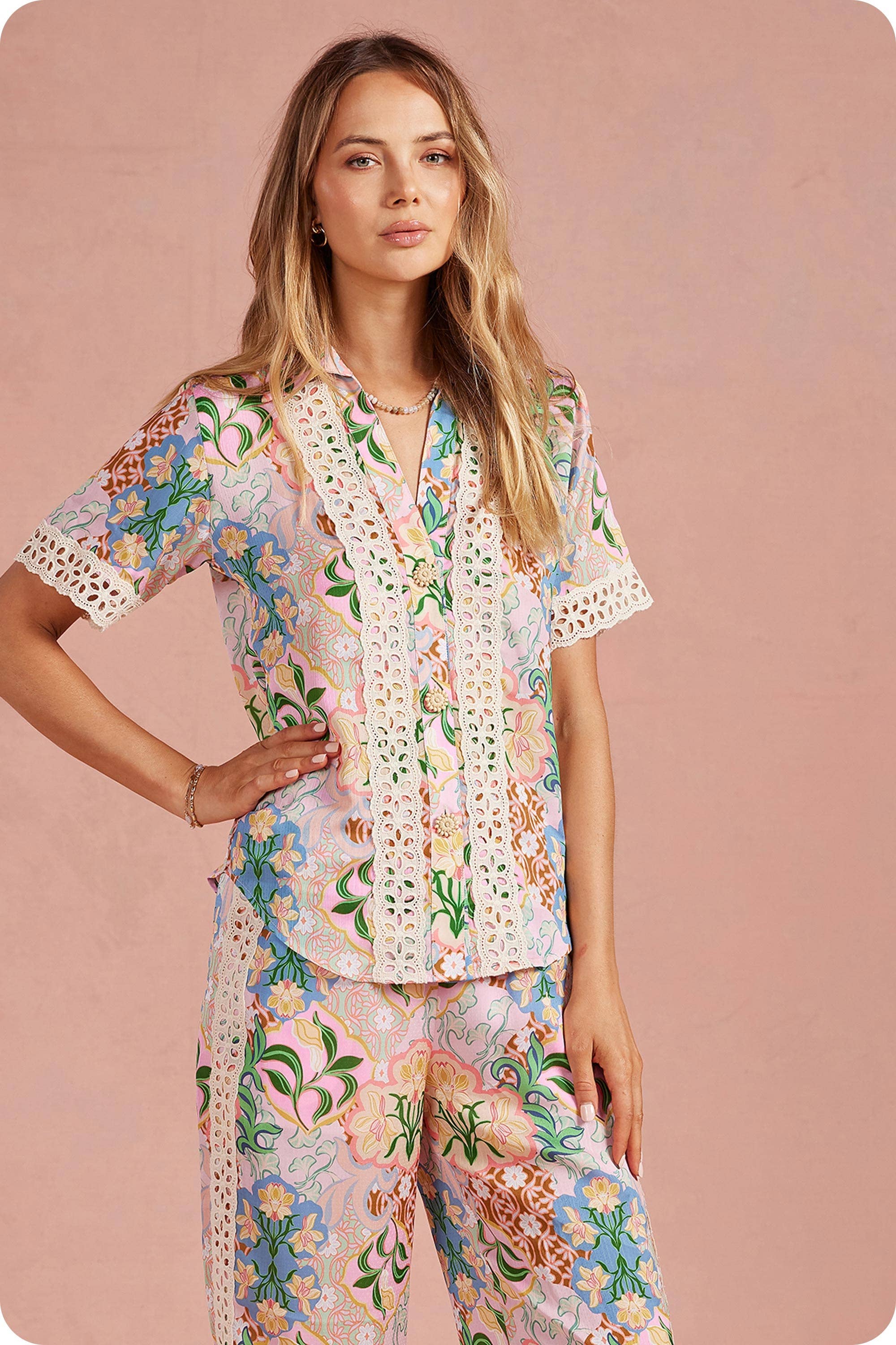 Garden Party Crochet Contrast Trim Satin Shirt