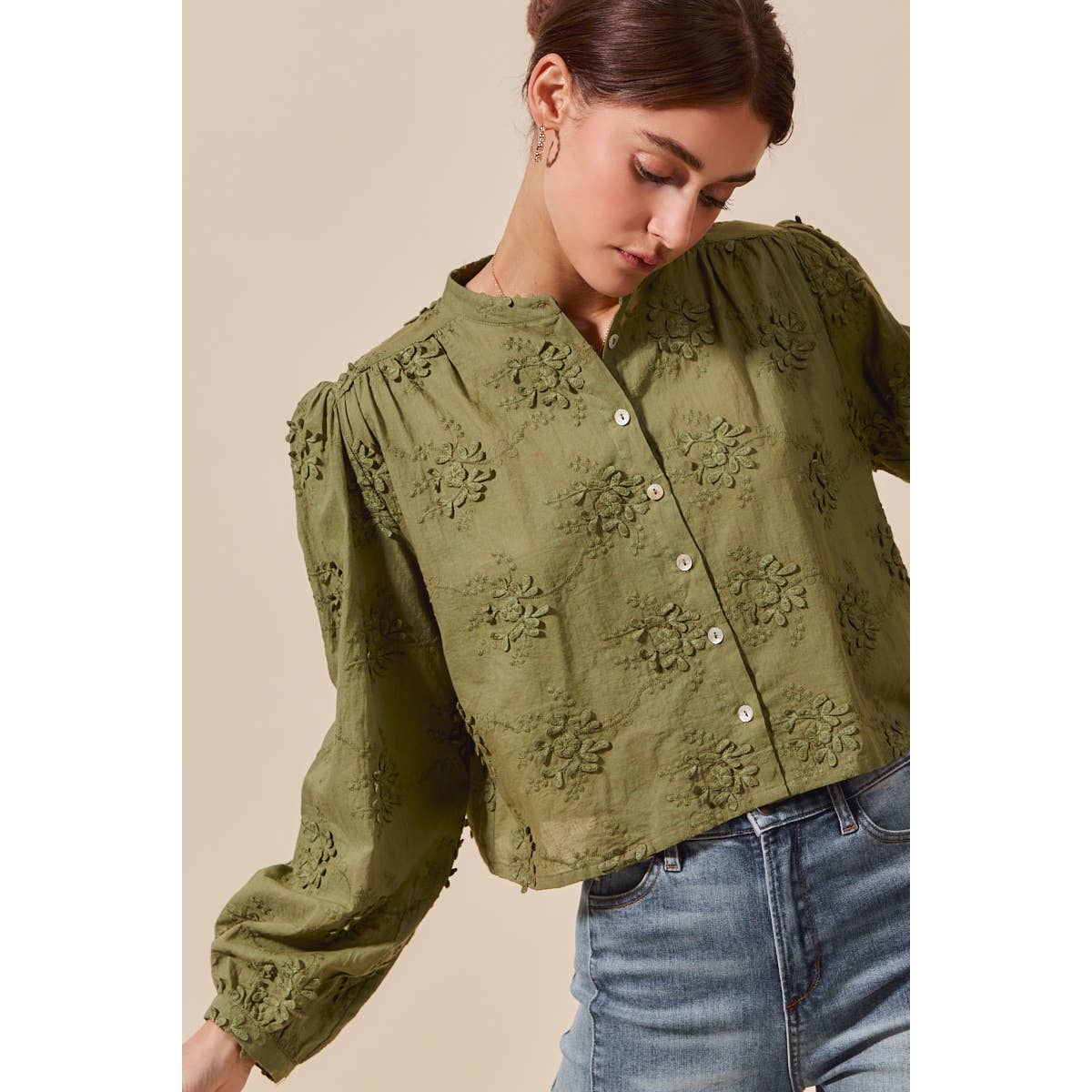 Cropped Floral Long Sleeve Button Front Shirt