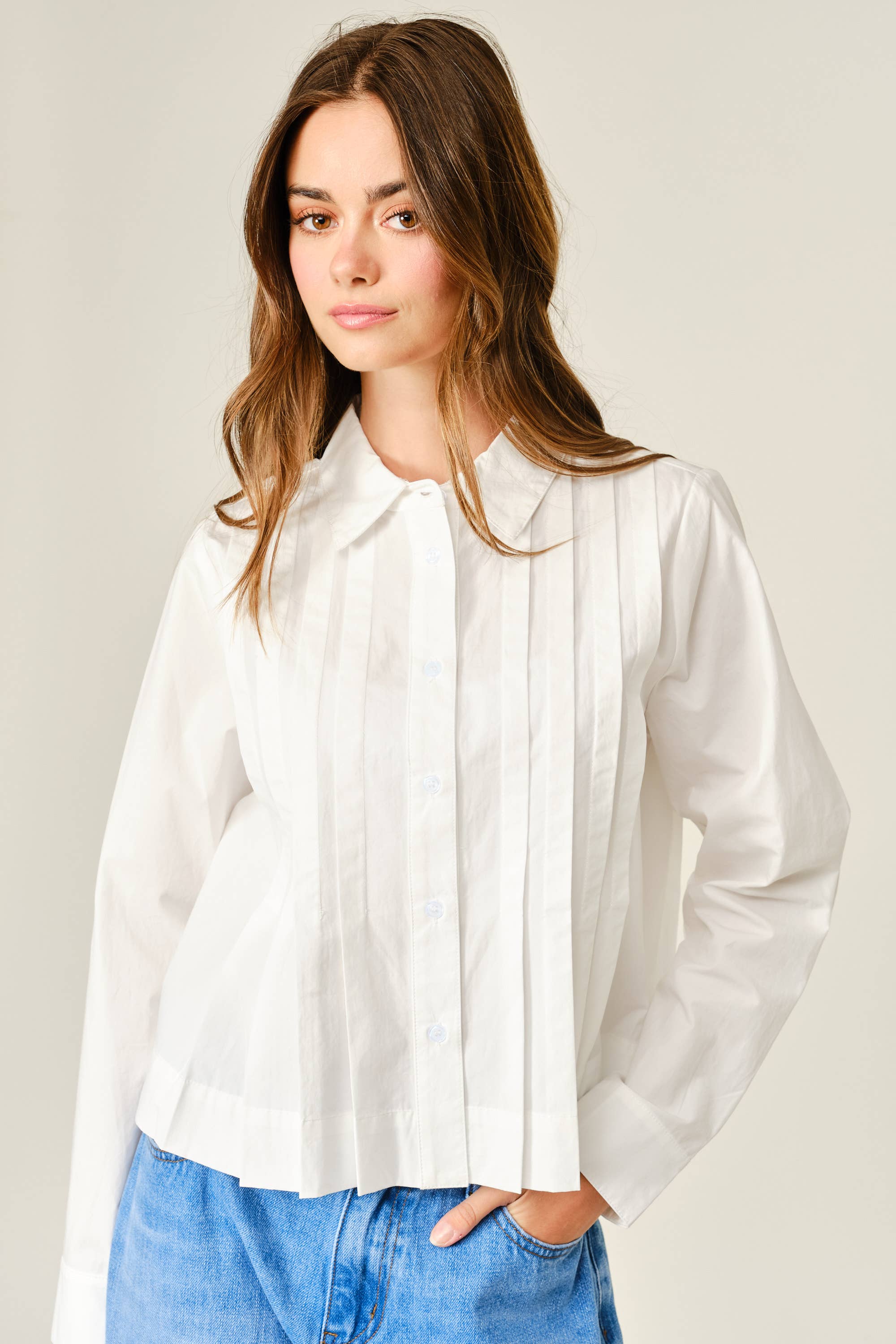 Pleated Cotton Button Down Shirt
