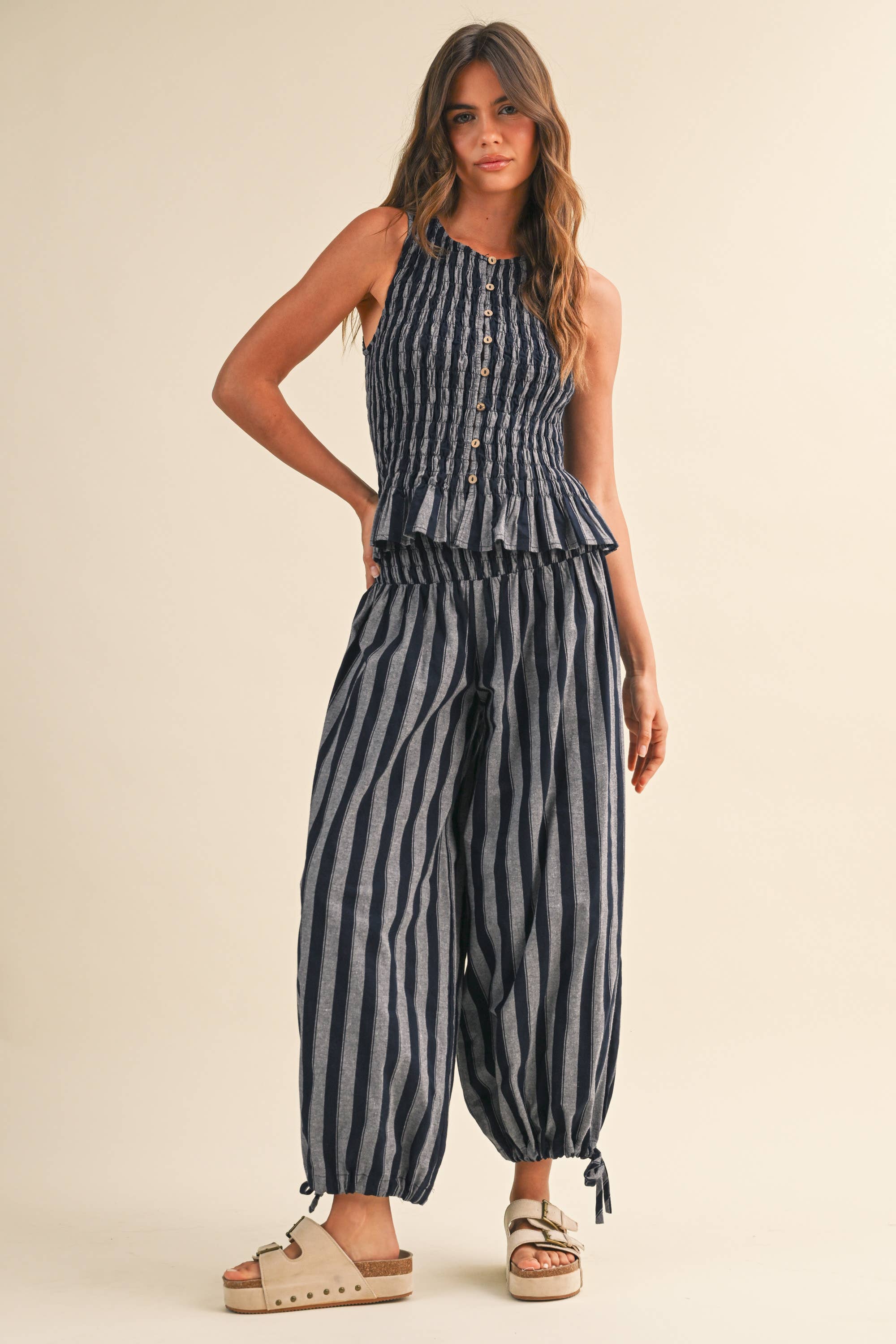 Navy Stripe Smocked Ruffle Top and Pants Set