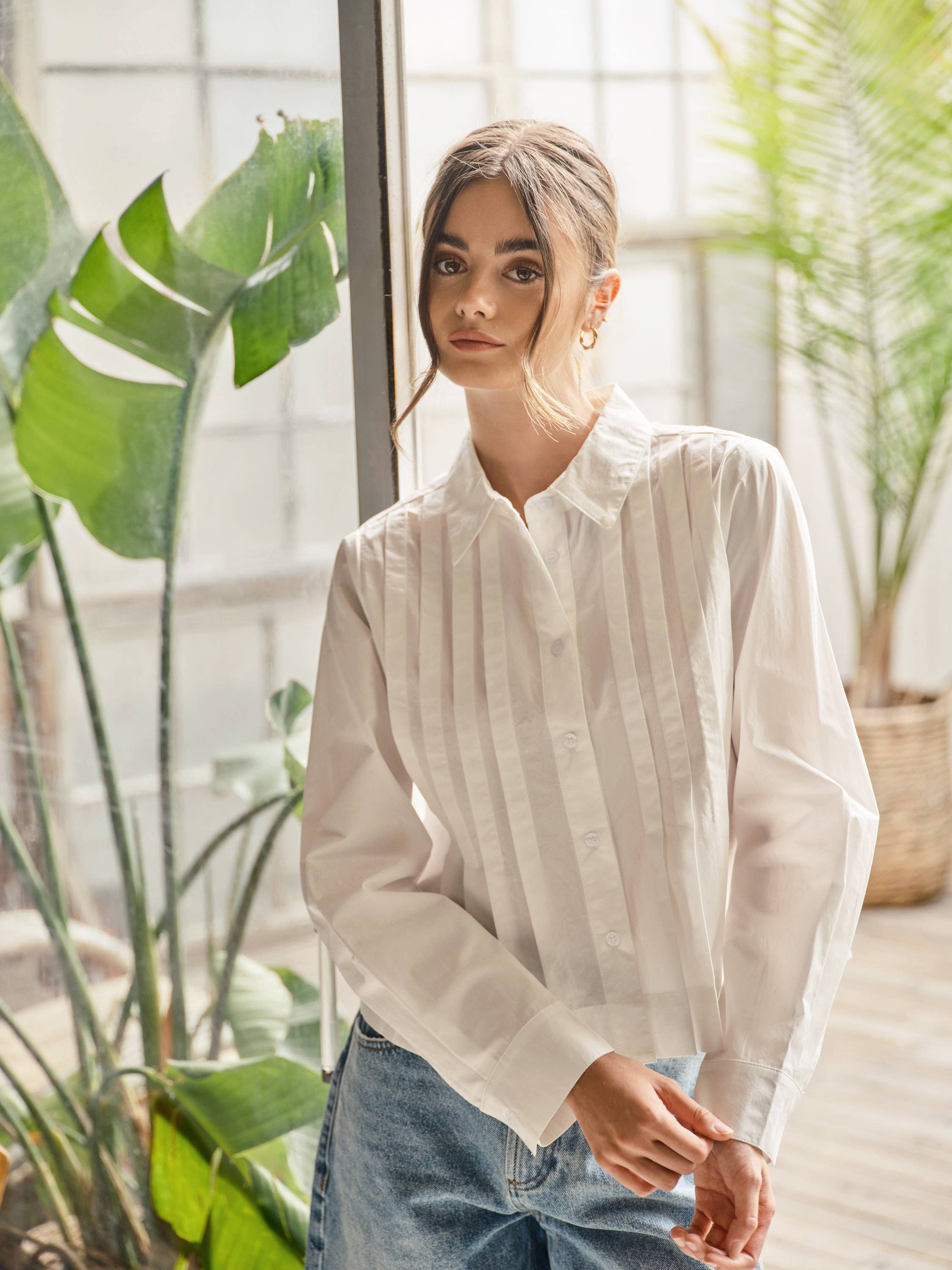 Pleated Cotton Button Down Shirt