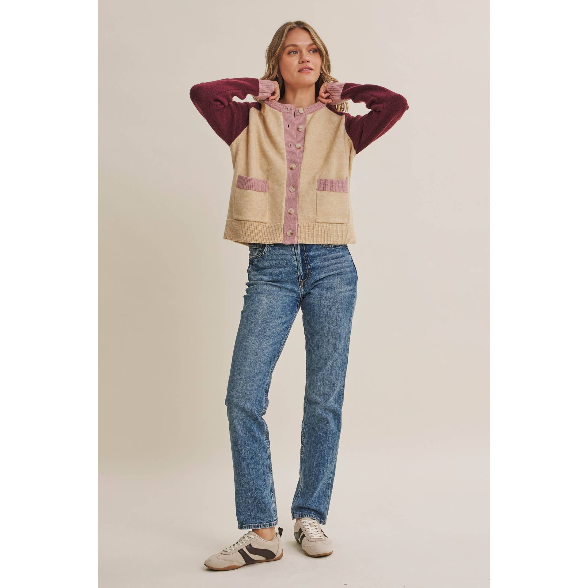 Colorblock Wool Blend Crewneck Cardigan