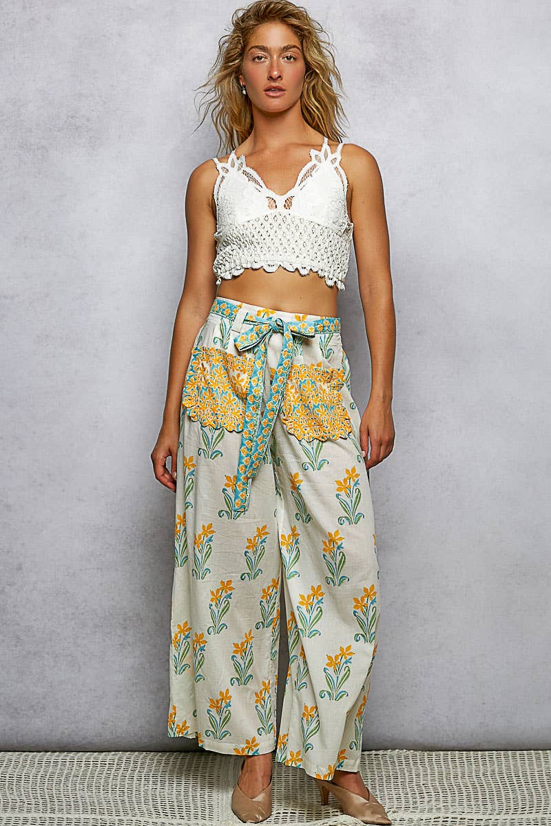 Block Print Belted Wide Pants