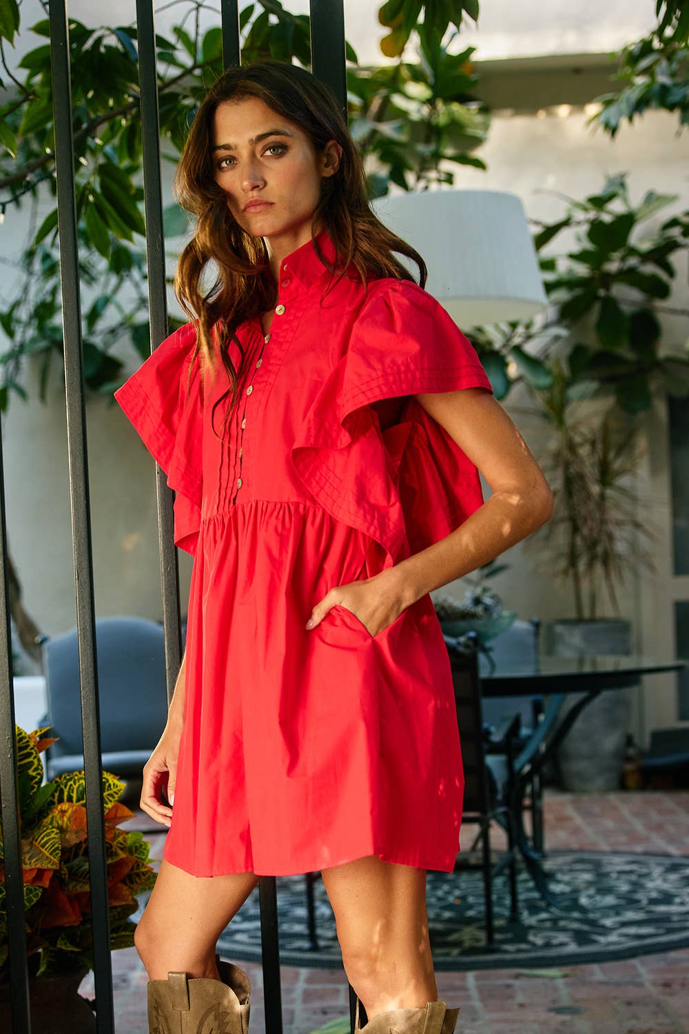 Ruffled Sleeve Pintuck Mini Dress