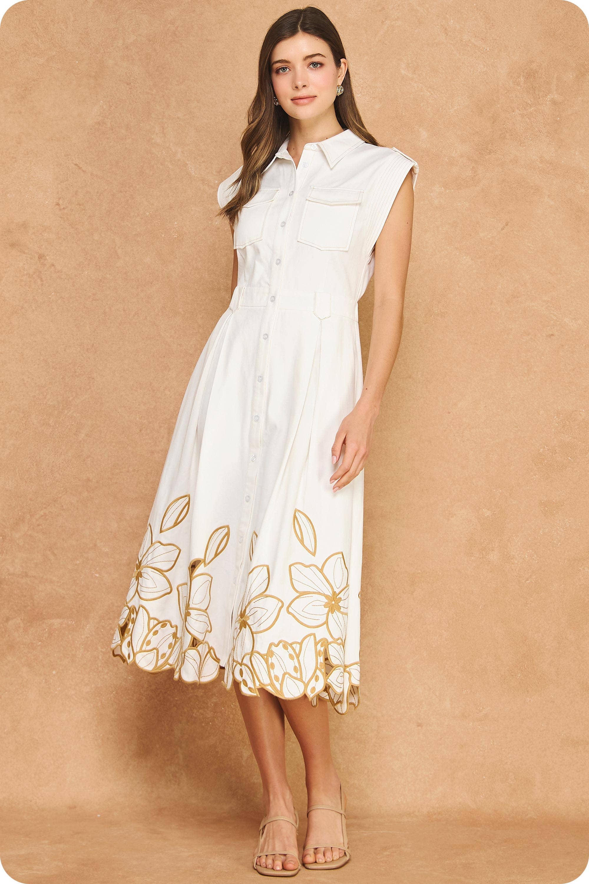 Floral Cut-Out Embroidery Twill Midi Shirt Dress