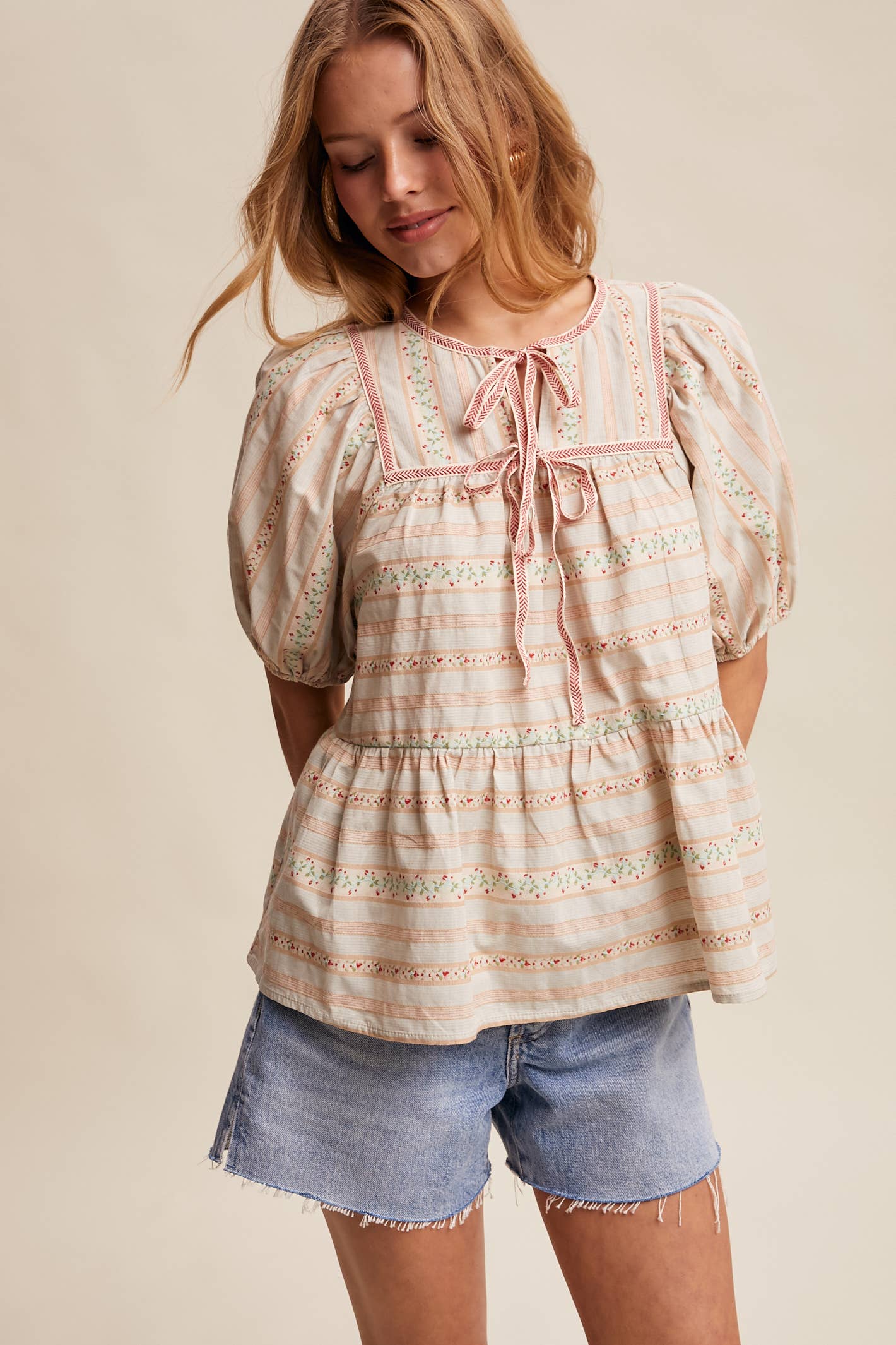 Floral Lace Trim Peasant Blouse