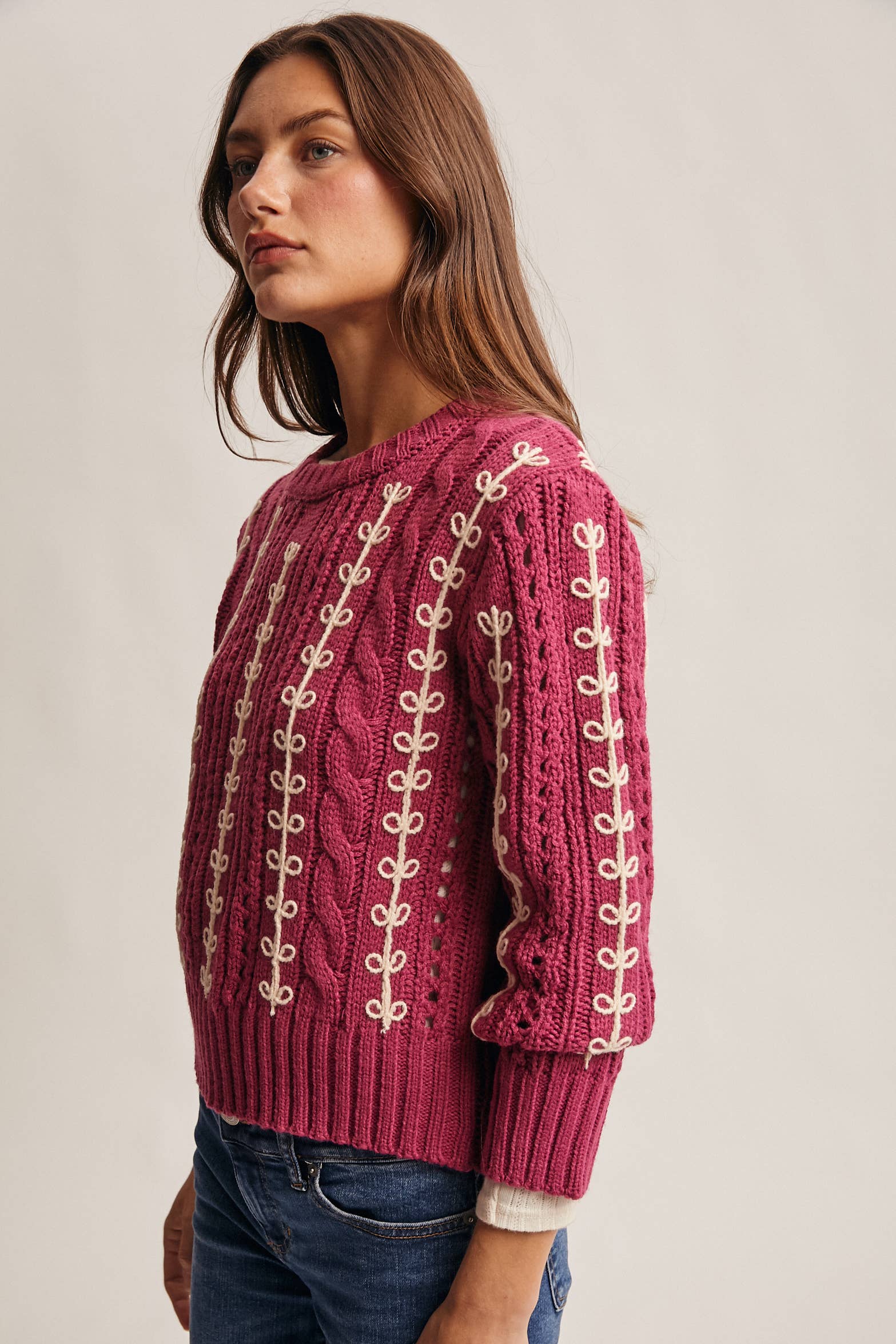 Embroidered Cable Knit Pullover