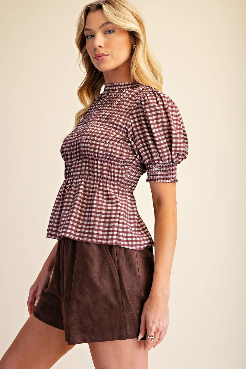 Plaid Smocked Short Sleeve Shirt