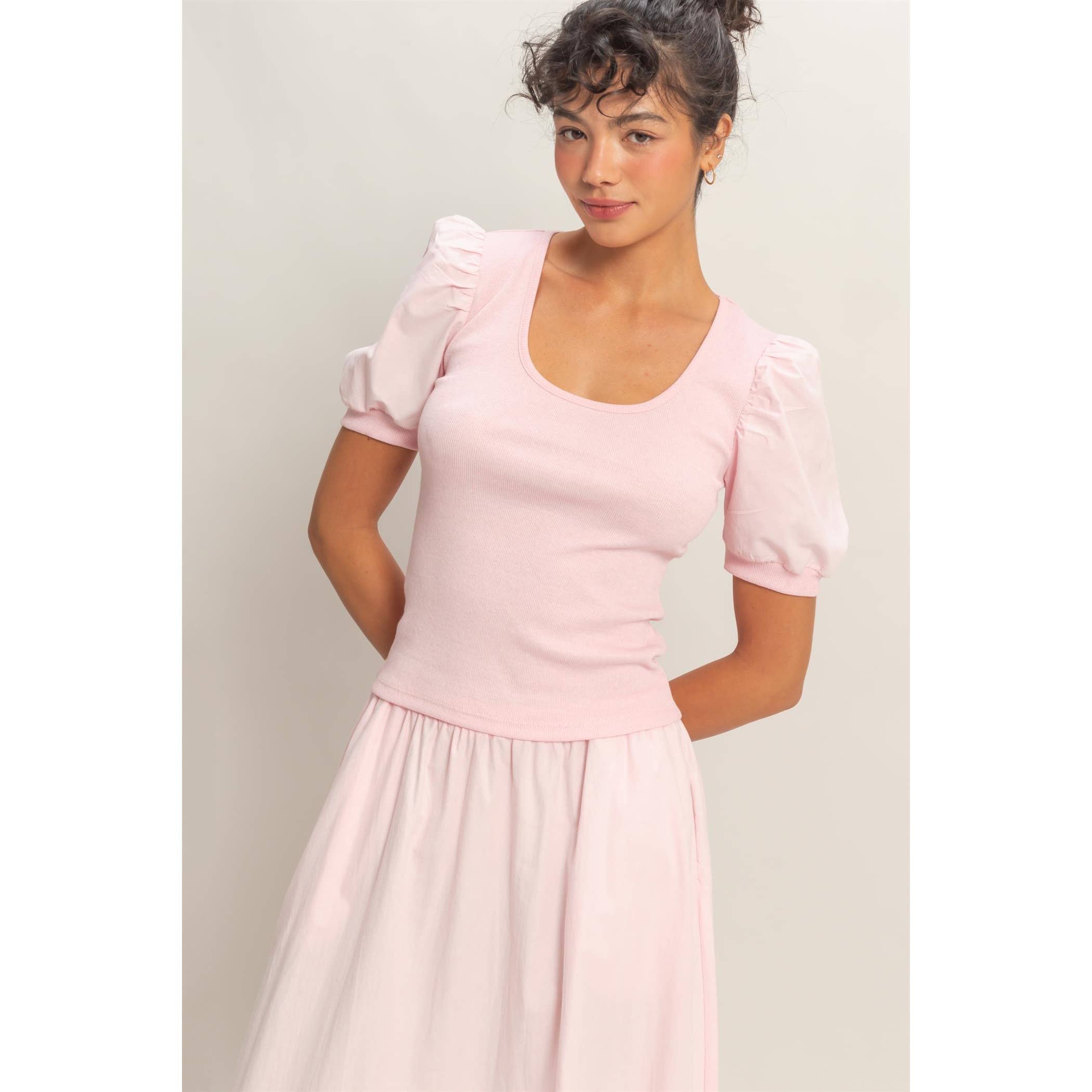 Ribbed Puff Sleeve Scoop Neck Top