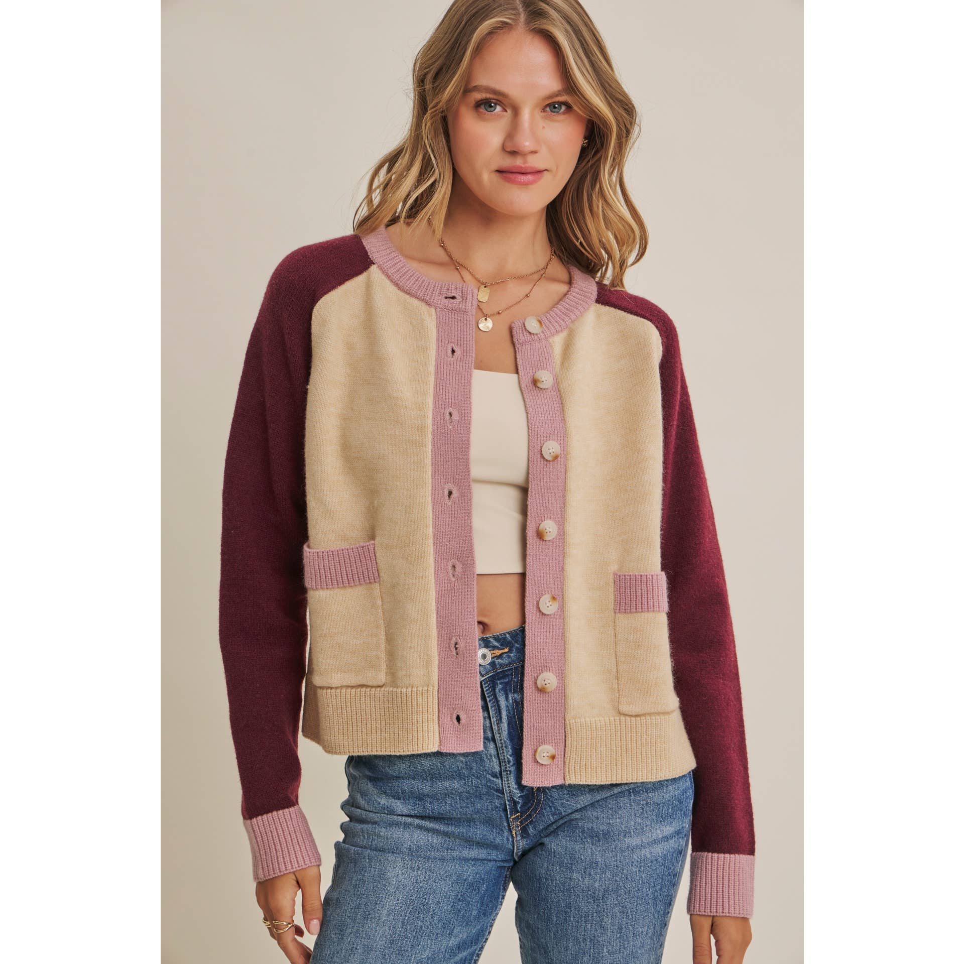 Colorblock Wool Blend Crewneck Cardigan