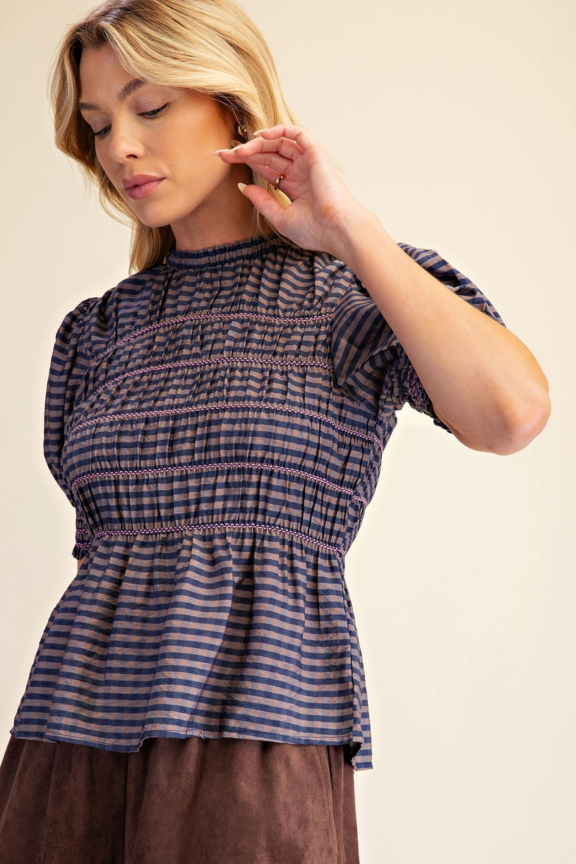 Plaid Smocked Short Sleeve Shirt