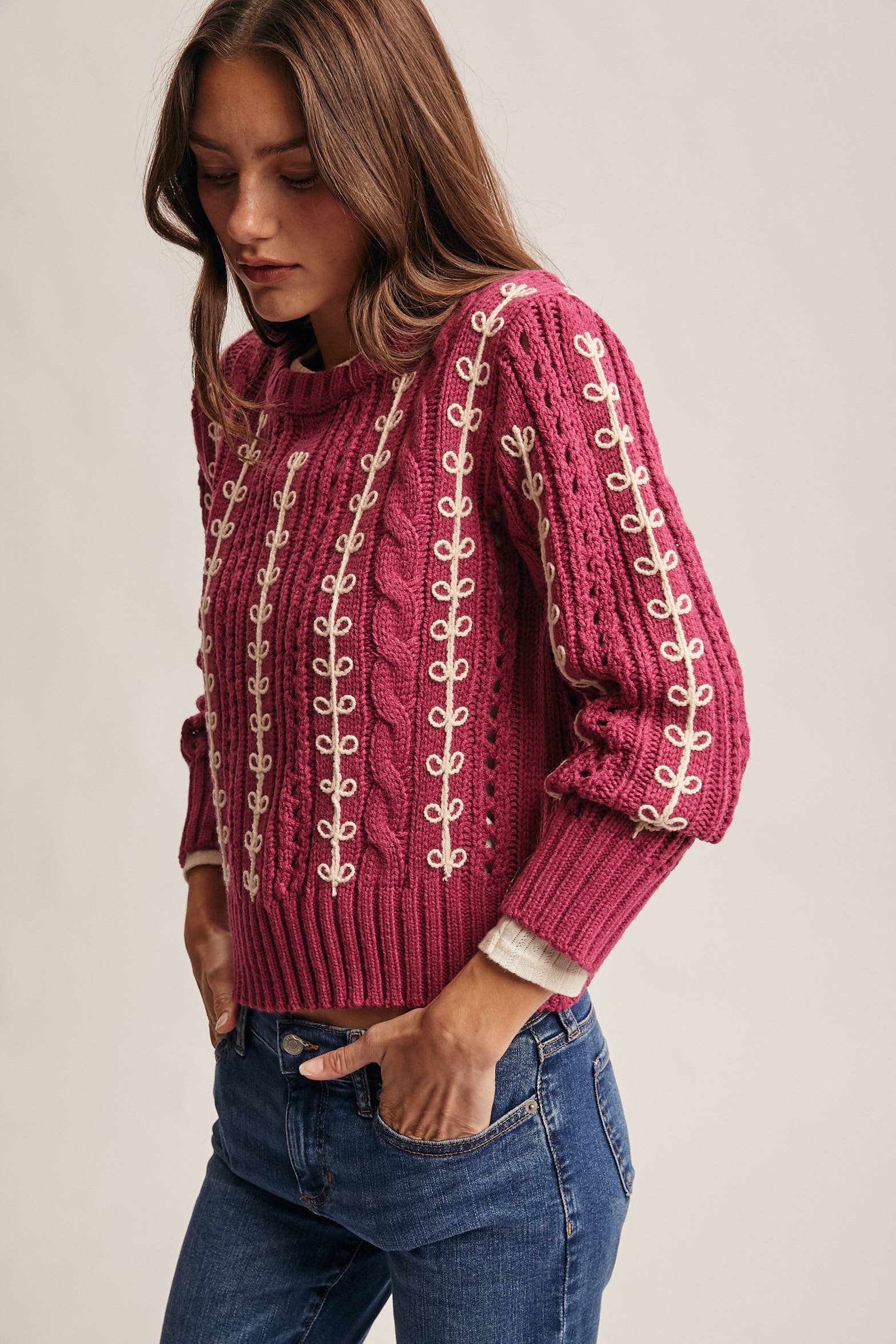 Embroidered Cable Knit Pullover
