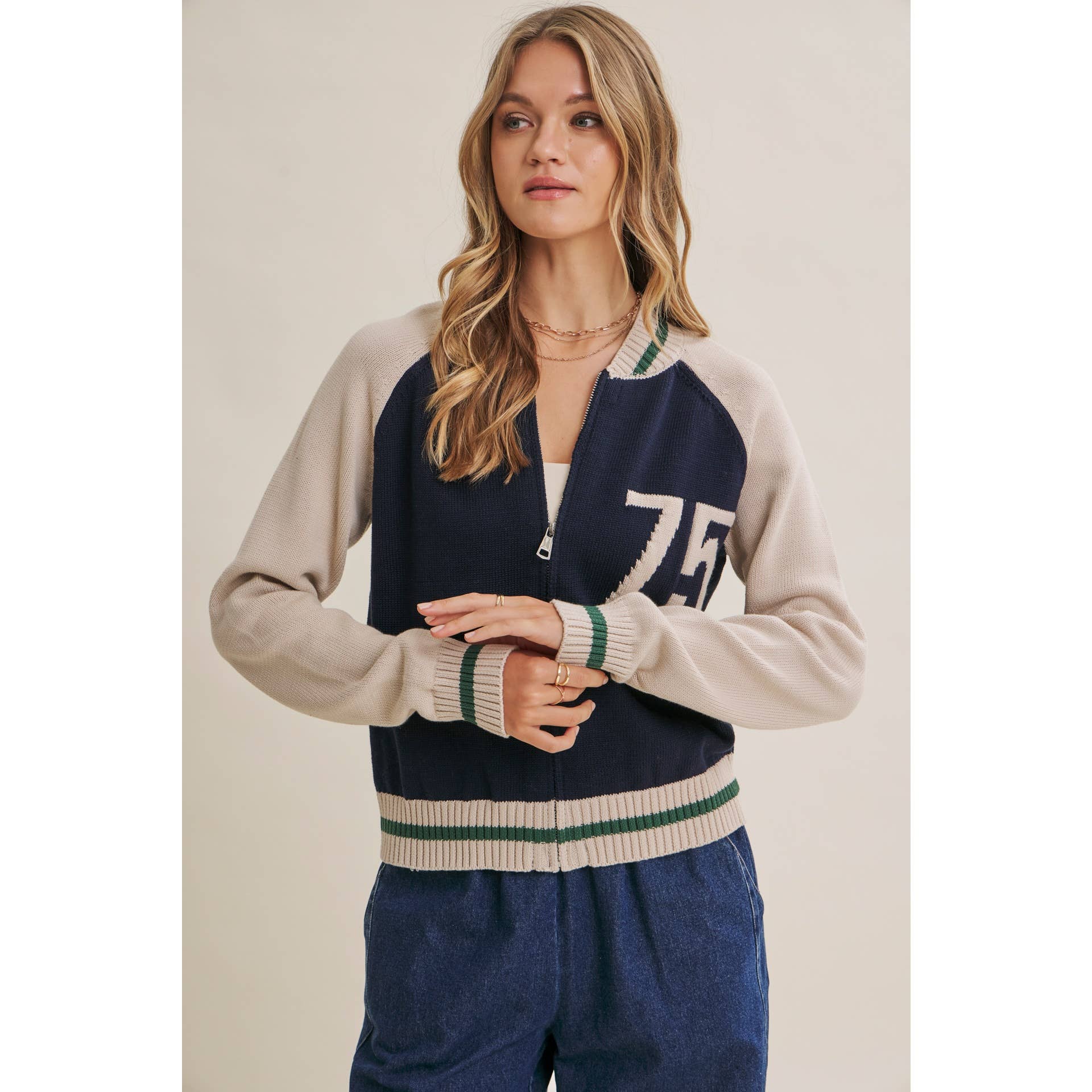 Varsity Collegiate Zip Front Cotton Sweater Bomber Jacket