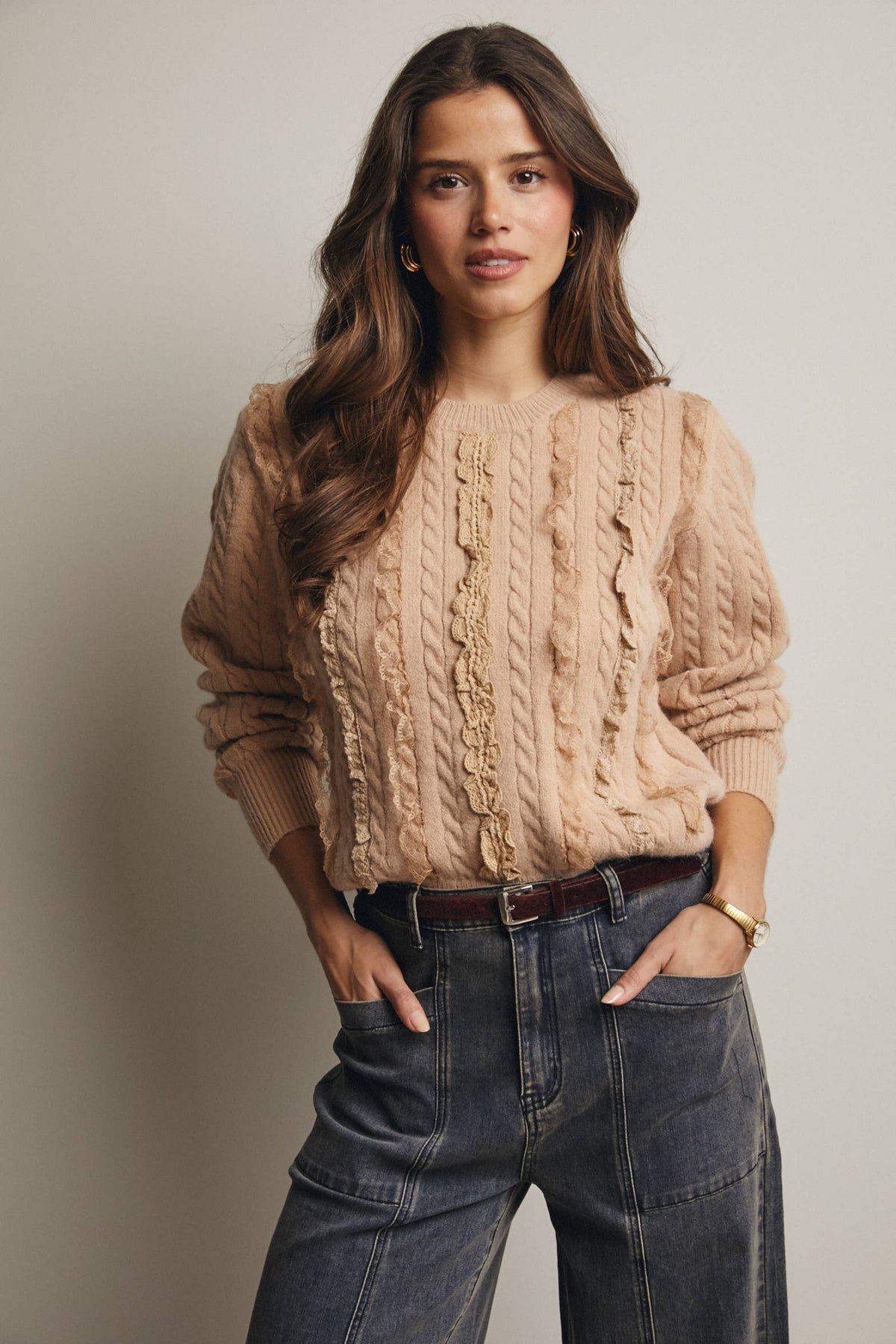 Lace Trim Cable Knit Pullover
