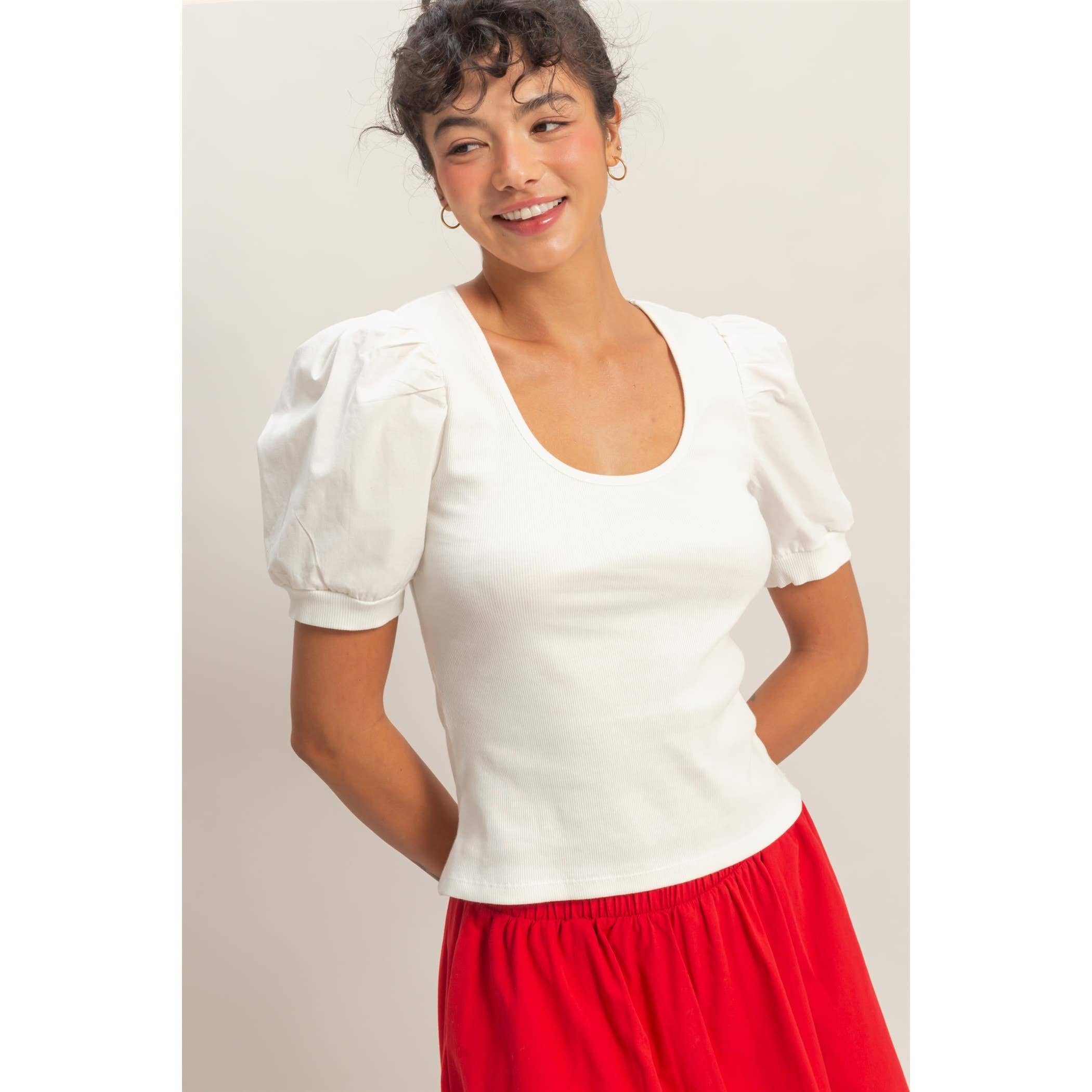 Ribbed Puff Sleeve Scoop Neck Top