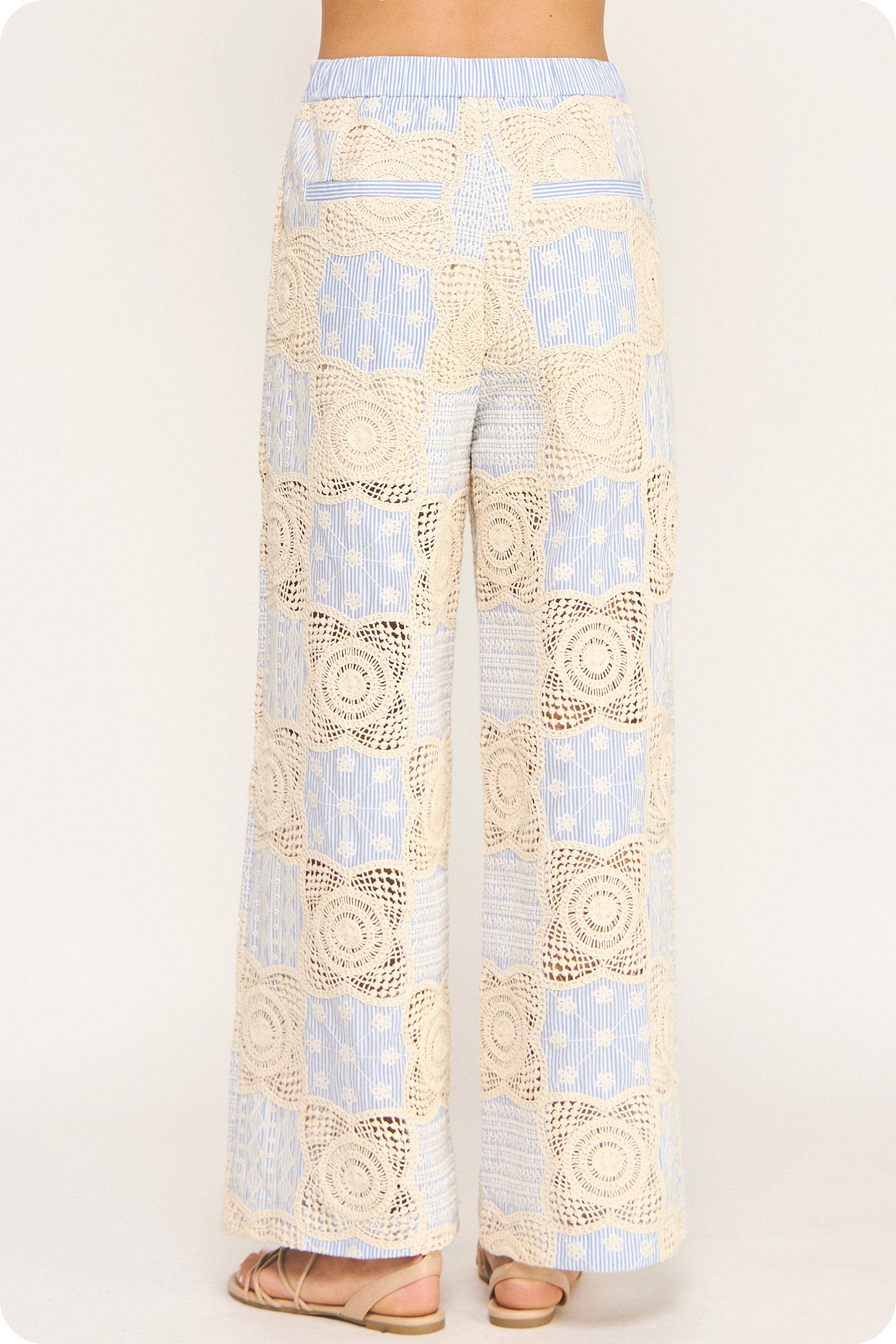 Crochet Striped Pleated Detail Wide-Leg Pants