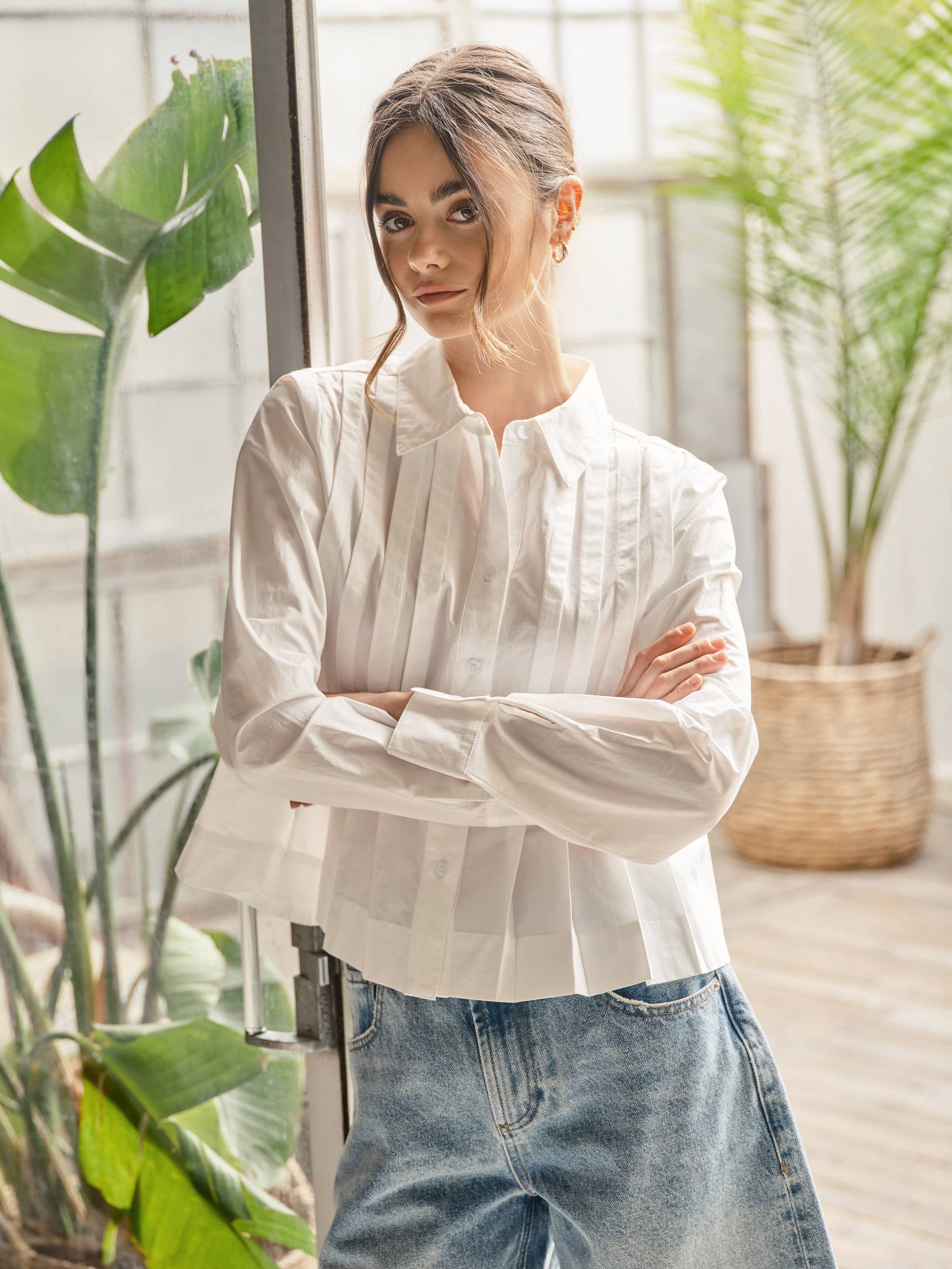 Pleated Cotton Button Down Shirt
