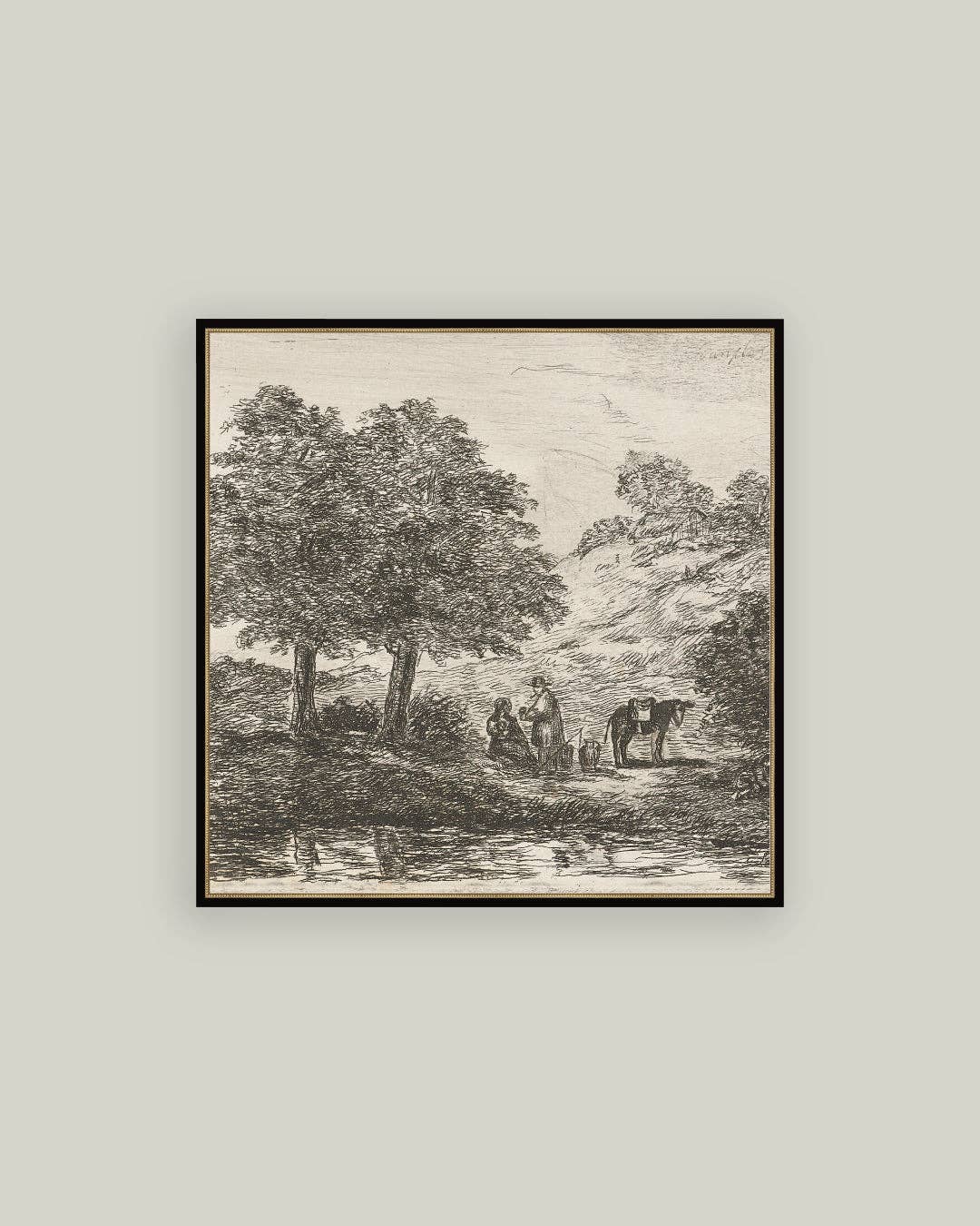 Landscape with Family Under Tree Framed Antique Art